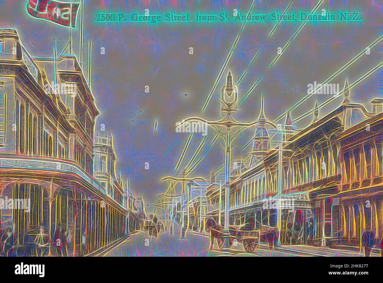 Inspiriert von George Street aus St Andrew Street, Dunedin, Neuseeland, Muir & Moodie Studio, 1906, Dunedin, Reimagined by Artotop. Klassische Kunst neu erfunden mit einem modernen Twist. Design von warmen fröhlichen Leuchten der Helligkeit und Lichtstrahl Strahlkraft. Fotografie inspiriert von Surrealismus und Futurismus, umarmt dynamische Energie der modernen Technologie, Bewegung, Geschwindigkeit und Kultur zu revolutionieren Stockfoto