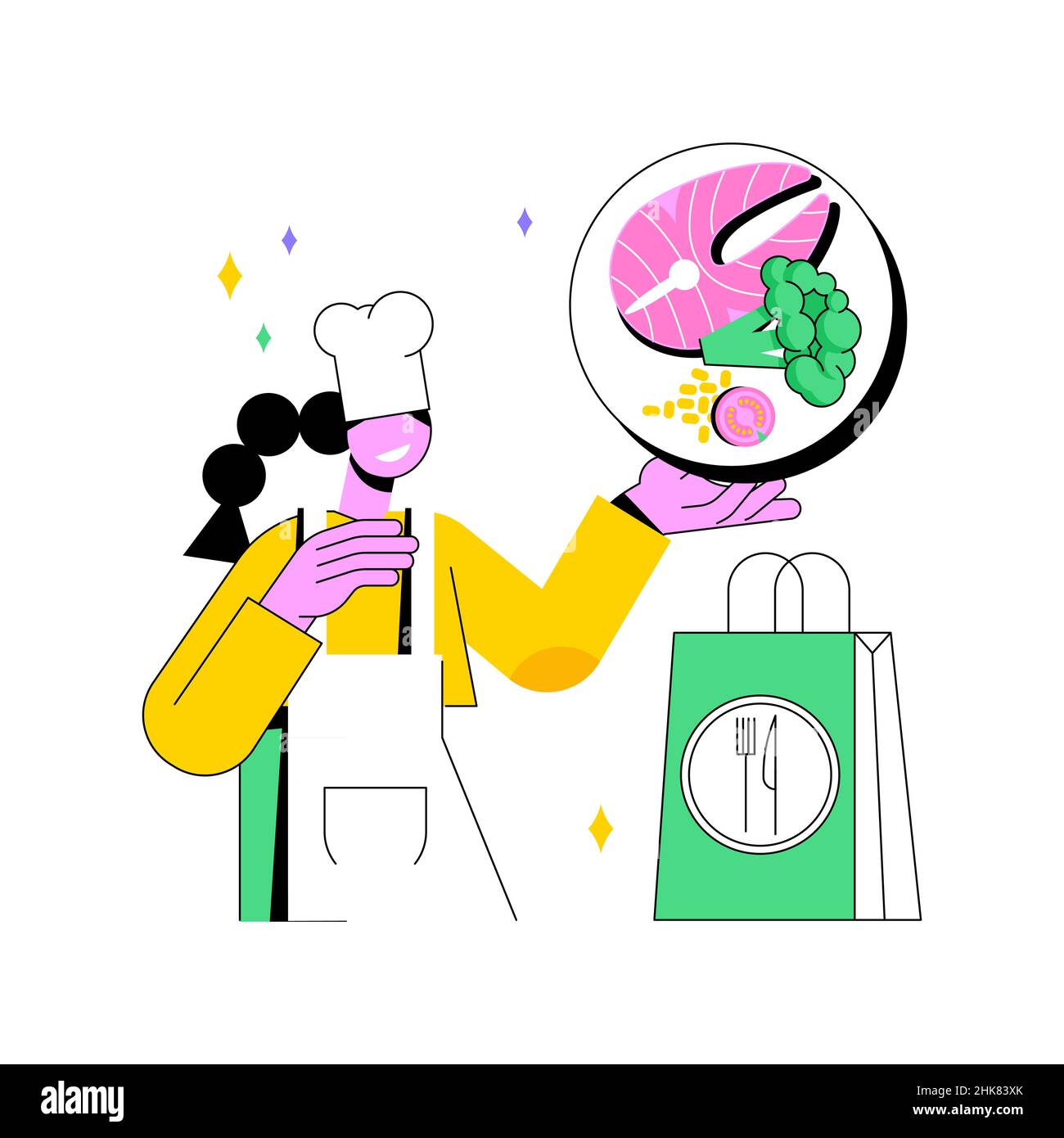 Meal prep Service abstrakte Konzept Vektor-Illustration. Gesunde Mahlzeit Vorbereitung berührungslose Lieferung, täglich frisch zubereitet, virenfreies Essen, soziale Distanzierung, zu Hause bleiben, Abstrakte Metapher für Kochrezepte. Stock Vektor