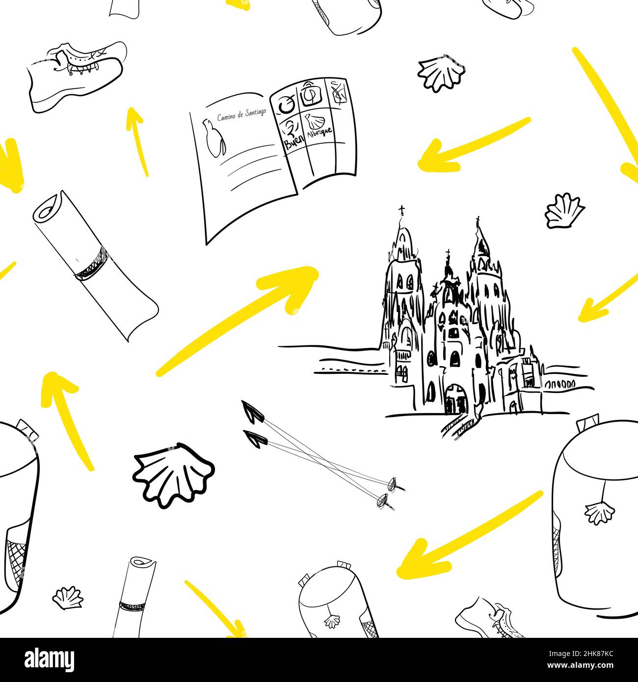 Nahtloses Muster mit dem gelben Pfeil der Archkathedrale-Basilika Santiago de Compostela und Pilger brauchten Dinge. Rucksack, Pilgerpass, Reisematte Stock Vektor
