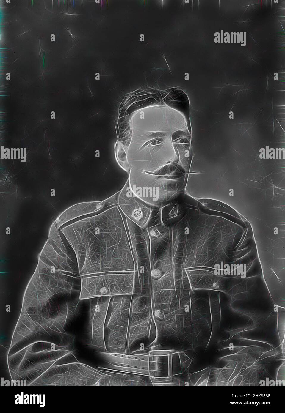 Inspiriert von Portrait of Louis Wager, Berry & Co, Photography Studio, um 1918, Wellington, Private Louis Wager, Servicenummer 77744, neu erfunden von Artotop. Klassische Kunst neu erfunden mit einem modernen Twist. Design von warmen fröhlichen Leuchten der Helligkeit und Lichtstrahl Strahlkraft. Fotografie inspiriert von Surrealismus und Futurismus, umarmt dynamische Energie der modernen Technologie, Bewegung, Geschwindigkeit und Kultur zu revolutionieren Stockfoto