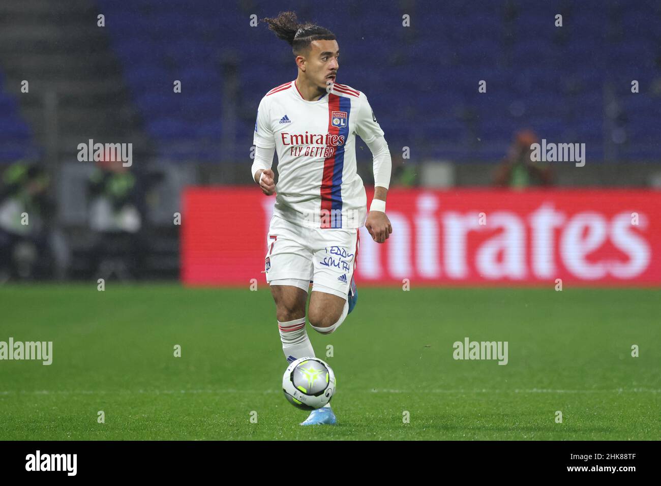 Lyon, Frankreich, 1st. Februar 2022. Malo Gusto von Lyon während des Spiels der Uber Eats Ligue 1 im Groupama Stadium, Lyon. Bildnachweis sollte lauten: Jonathan Moscrop / Sportimage Stockfoto