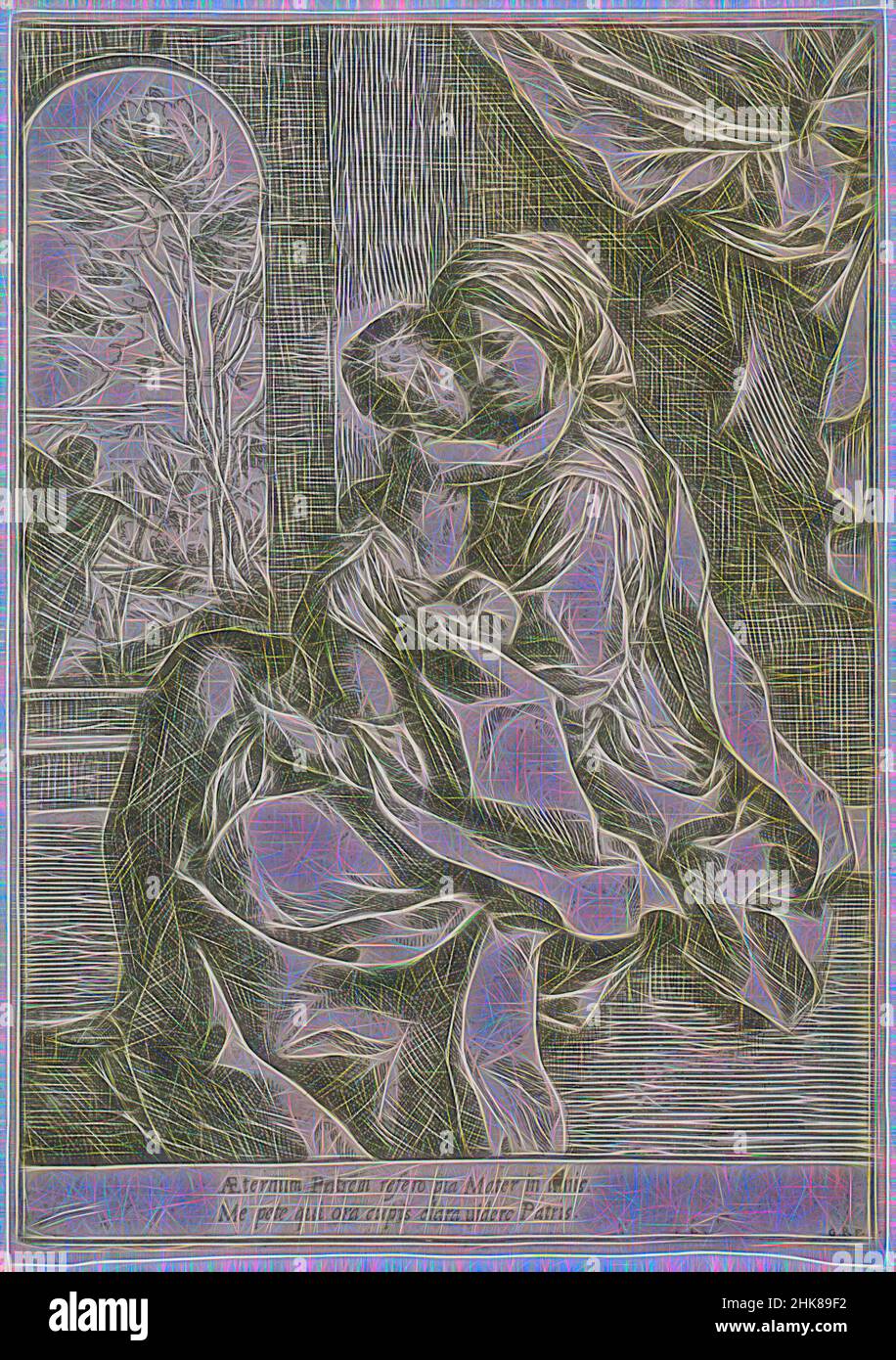 Inspiriert von der mit dem Christkind sitzenden Jungfrau, Guido Reni, 1600-1613, Radierung, Diese Radierung, Gezeichnet und gedruckt vom berühmten Bologneser Künstler Guido Reni (1575-1642), verkörpert er mit seiner kompositorischen Klarheit und stark religiösen Botschaft den frühen Barock. Es wird durch Reni's, Reimagined by Artotop gekennzeichnet. Klassische Kunst neu erfunden mit einem modernen Twist. Design von warmen fröhlichen Leuchten der Helligkeit und Lichtstrahl Strahlkraft. Fotografie inspiriert von Surrealismus und Futurismus, umarmt dynamische Energie der modernen Technologie, Bewegung, Geschwindigkeit und Kultur zu revolutionieren Stockfoto