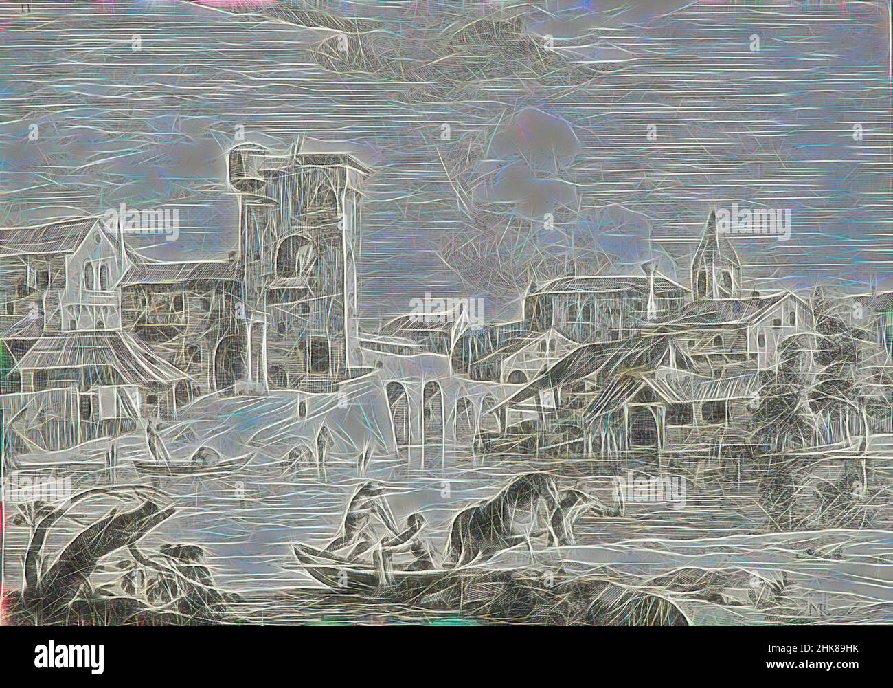 Inspiriert von Einer Stadt am Fluss, Marco Ricci, Grafiker, 1723-1730, Radierung, Marco Ricci, geboren in einer Familie venezianischer Künstler, studierte zunächst bei seinem berühmten Onkel Sebastiano Ricci. Nach dem Mord an einem Gondoliere in einer Schlägerei floh Marco nach Dalmatien, wo er vier Jahre lang eine Ausbildung in einer Landschaft, die von Artotop neu erfunden wurde, verbrachte. Klassische Kunst neu erfunden mit einem modernen Twist. Design von warmen fröhlichen Leuchten der Helligkeit und Lichtstrahl Strahlkraft. Fotografie inspiriert von Surrealismus und Futurismus, umarmt dynamische Energie der modernen Technologie, Bewegung, Geschwindigkeit und Kultur zu revolutionieren Stockfoto