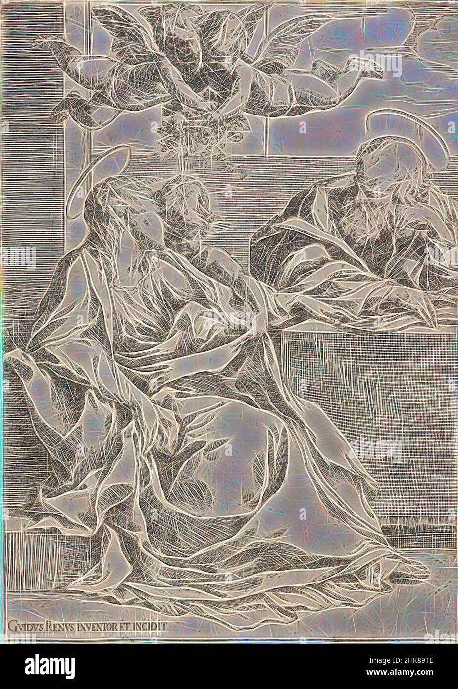 Inspiriert von der Heiligen Familie mit zwei Engeln., Guido Reni, Künstler, 1600-1640, Italien, Radierung, Diese Radierung, gezeichnet und gedruckt vom berühmten Bologneser Künstler Guido Reni (1575-1642), verkörpert den frühen Barock mit seiner kompositorischen Klarheit und stark religiösen Botschaft. Es wird von Reni', von Artotop neu erfunden, charakterisiert. Klassische Kunst neu erfunden mit einem modernen Twist. Design von warmen fröhlichen Leuchten der Helligkeit und Lichtstrahl Strahlkraft. Fotografie inspiriert von Surrealismus und Futurismus, umarmt dynamische Energie der modernen Technologie, Bewegung, Geschwindigkeit und Kultur zu revolutionieren Stockfoto