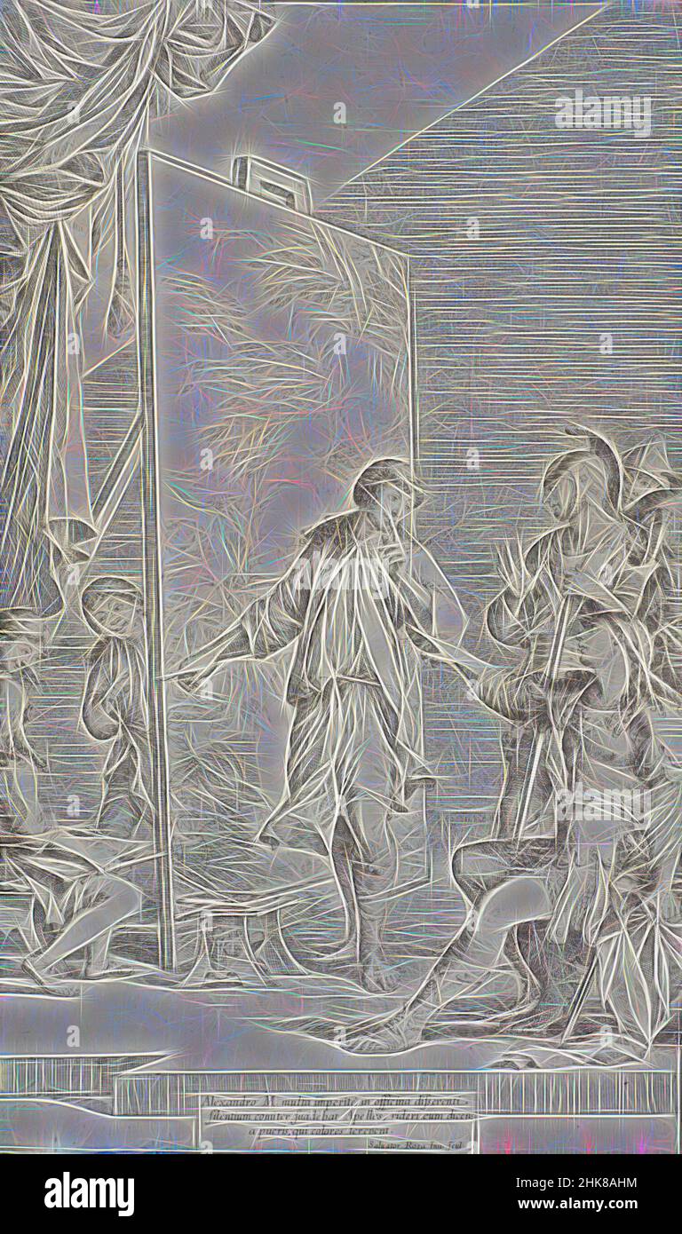 Inspiriert von Alexander im Atelier von Apelles, Salvator Rosa, Grafiker, um 1662, Rom, Radierung, Obwohl Salvator Rosa als Maler eindringlicher, rauer Landschaften berühmt und einflussreich war, die ihn fast 200 Jahre vor seiner Zeit als einen „Romantiker“ betrachten lassen, war er auch ein bedeutender Radierer. Dies, neu erfunden von Artotop. Klassische Kunst neu erfunden mit einem modernen Twist. Design von warmen fröhlichen Leuchten der Helligkeit und Lichtstrahl Strahlkraft. Fotografie inspiriert von Surrealismus und Futurismus, umarmt dynamische Energie der modernen Technologie, Bewegung, Geschwindigkeit und Kultur zu revolutionieren Stockfoto