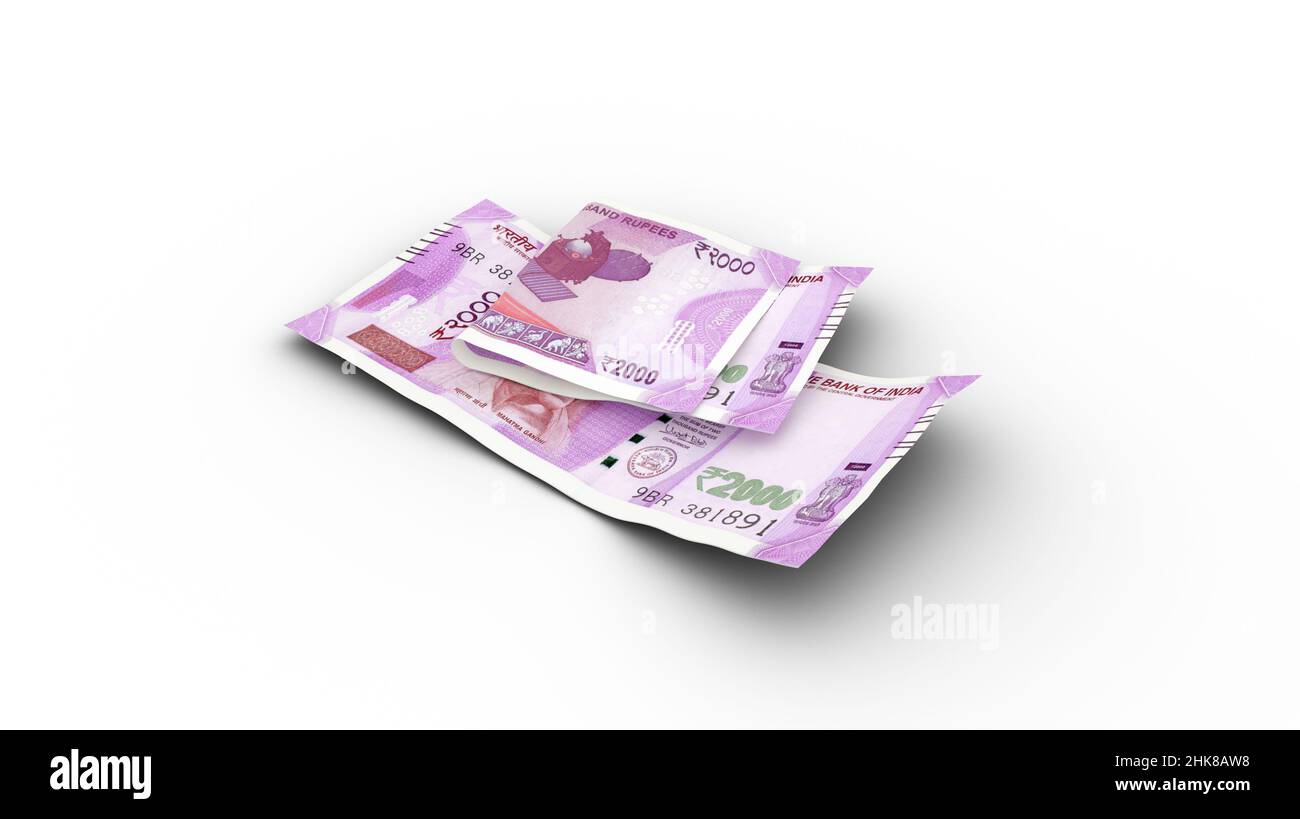 3D Wiedergabe von Double 2000 Indian Rupee Noten mit isolierten Schatten auf weißem Hintergrund Stockfoto
