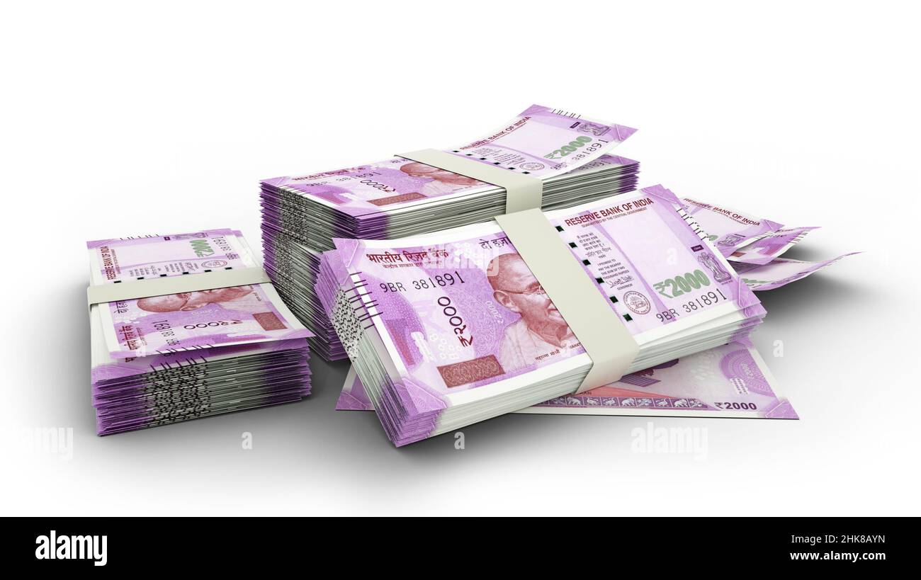 3D Stapel von 2000 indischen Rupien-Noten Stockfoto