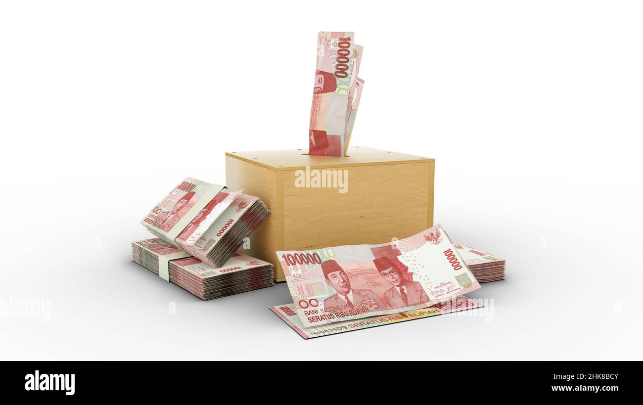 3D Wiedergabe von ugandischen Schilling-Notizen in einer Spardose aus Holz Stockfoto