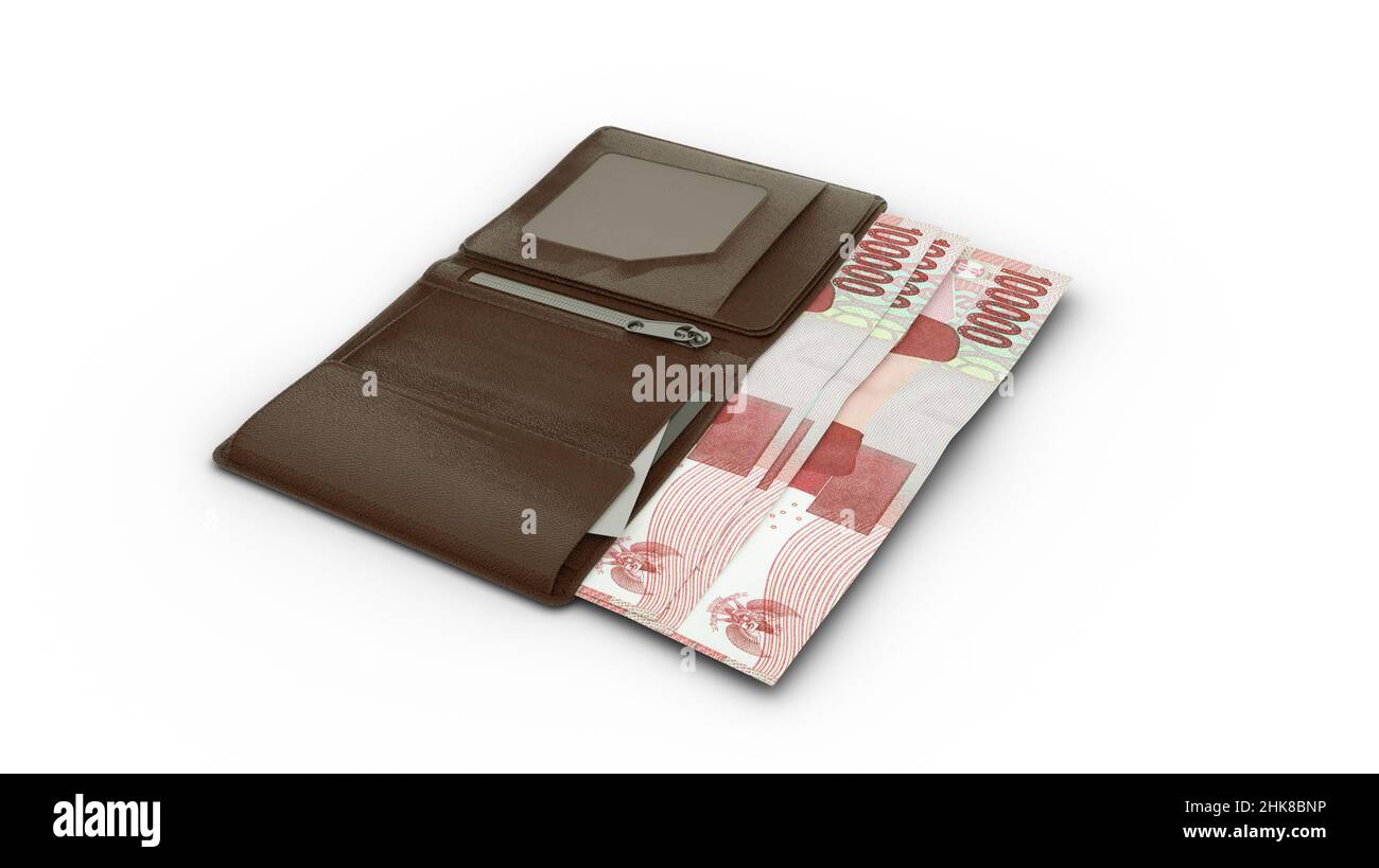 3D Wiedergabe von 100000 indonesischen Rupiah-Noten, die aus einer braunen Männer-Geldbörse aus Leder auf weißem Hintergrund herauskommen Stockfoto
