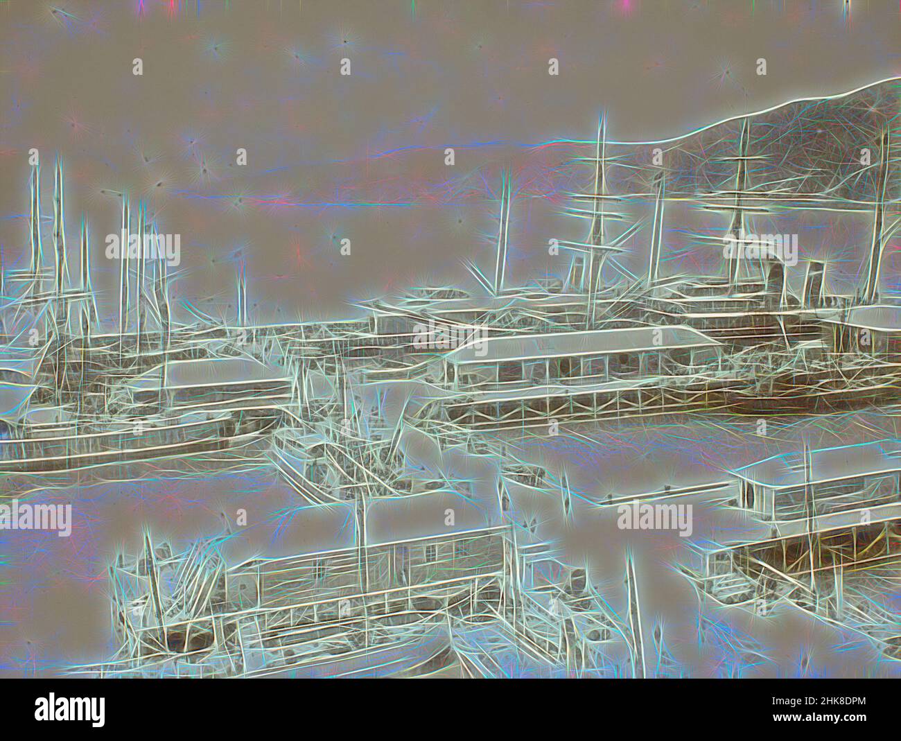 Inspiriert von The Wharf, Wellington. Aus dem Album: New Zealand Views, Burton Brothers Studio, um 1880, Wellington, Reimagined by Artotop. Klassische Kunst neu erfunden mit einem modernen Twist. Design von warmen fröhlichen Leuchten der Helligkeit und Lichtstrahl Strahlkraft. Fotografie inspiriert von Surrealismus und Futurismus, umarmt dynamische Energie der modernen Technologie, Bewegung, Geschwindigkeit und Kultur zu revolutionieren Stockfoto