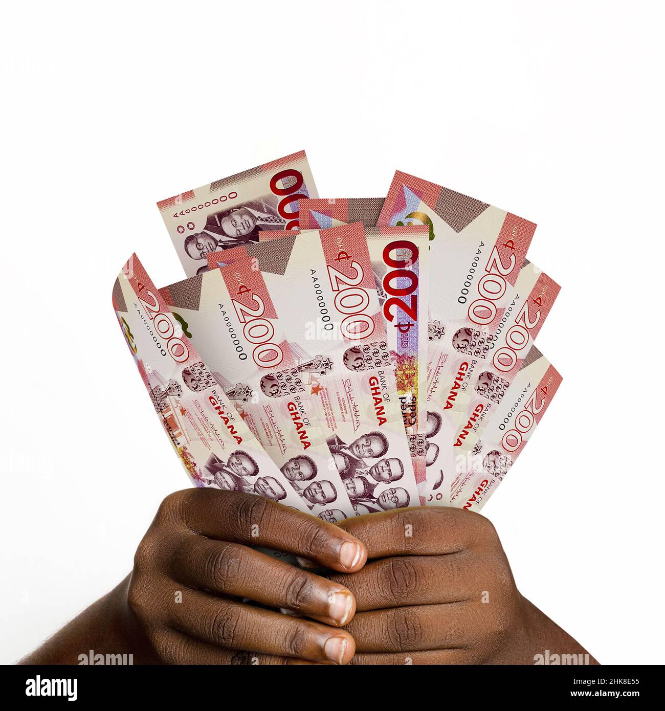 Schwarze Hände mit 3D ergeben 200 ghanaische Cedi-Noten. Nahaufnahme der Hände mit ghanaischen Währungsscheinen Stockfoto