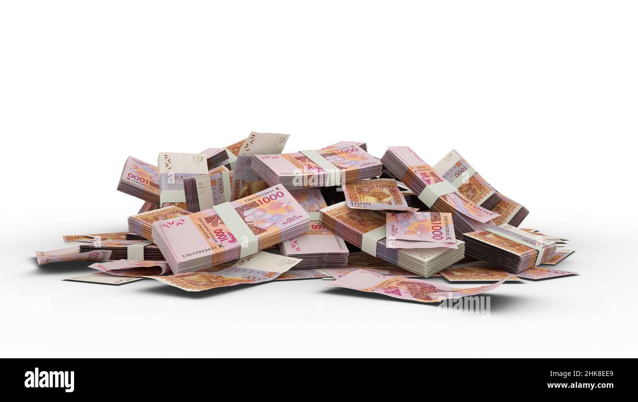 3D Stapel von 1000 CFA-Franc-Noten isoliert auf weißem Hintergrund Stockfoto