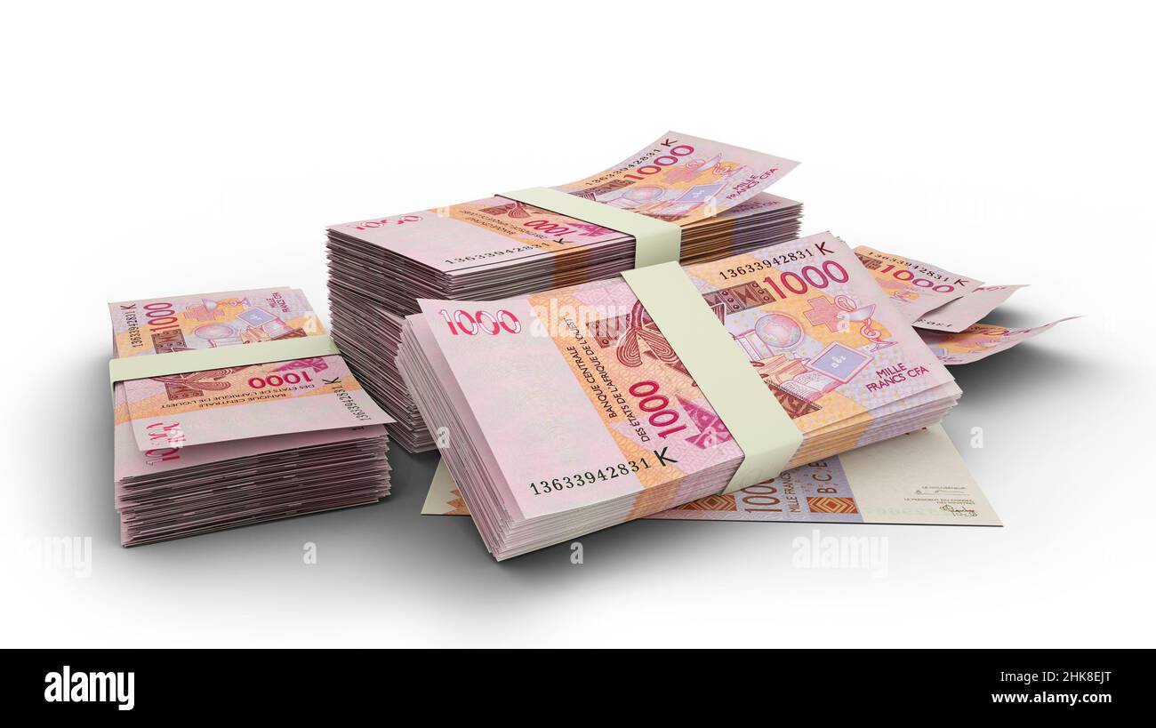 3D-Stapel von 1000 CFA-Franc-Noten isoliert auf weißem Hintergrund Stockfoto
