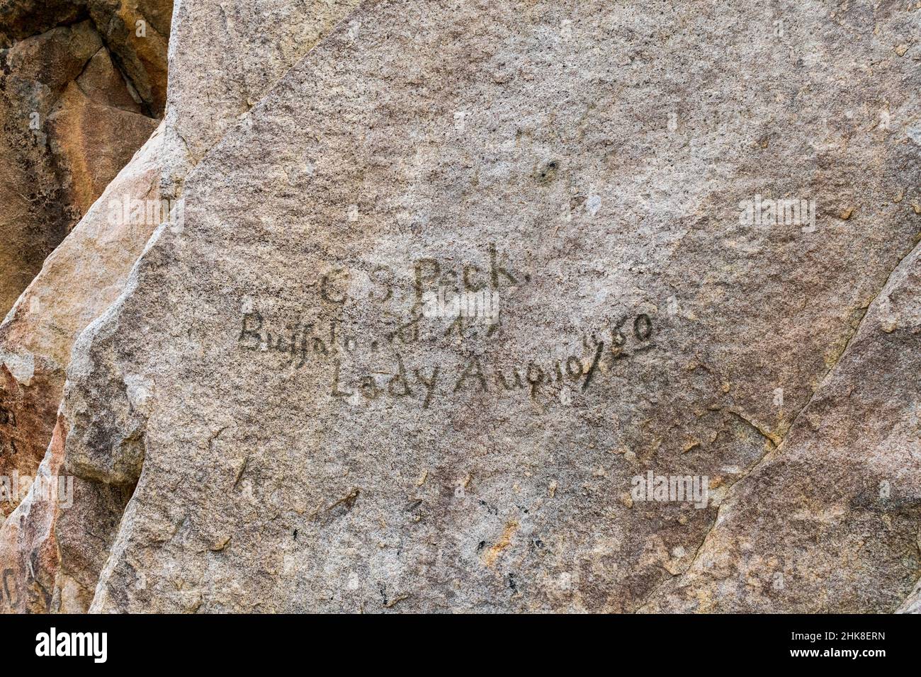 Auswandererunterschriften entlang des historischen California Trail im City of Rocks National Reserve, Idaho Stockfoto