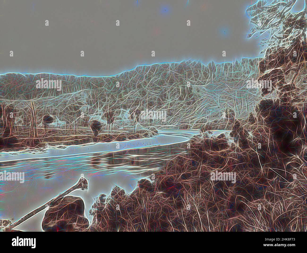 Inspiriert von Buller Gorge bei White Cliffs, Burton Brothers Studio, um 1895, Buller, Schwarz-Weiß-Fotografie, Biegung in einem breiten Fluss mit niedrigen Hügeln im Hintergrund, teilweise von Busch gereinigt. Der Fluss kurvig nach oben links und es gibt 2 Häuser in der Ferne auf dem gegenüberliegenden Ufer. Bush besetzt Recht, neu erfunden von Artotop. Klassische Kunst neu erfunden mit einem modernen Twist. Design von warmen fröhlichen Leuchten der Helligkeit und Lichtstrahl Strahlkraft. Fotografie inspiriert von Surrealismus und Futurismus, umarmt dynamische Energie der modernen Technologie, Bewegung, Geschwindigkeit und Kultur zu revolutionieren Stockfoto