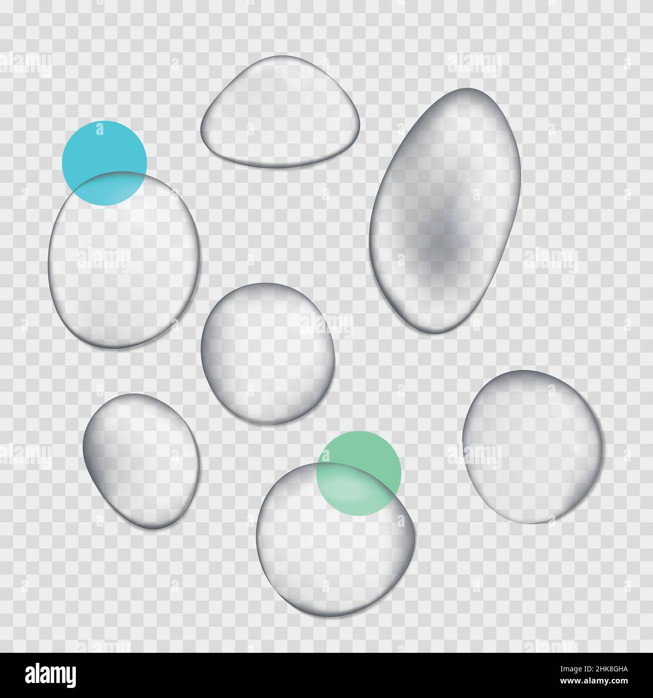 Blaue Wassertropfen. Wassertropfen isoliert. Vektorgrafik. Luftblasen, dynamische Aqua-Bewegung, realistisches Nebelglas, Regen auf dem Fenster, nasse Oberfläche Stock Vektor