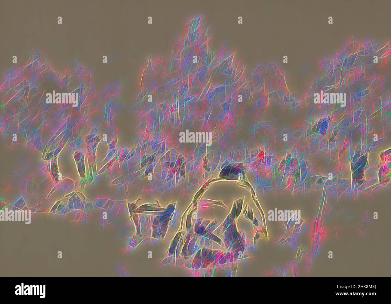 Inspiriert von dem Mann kniet sich auf dem Feld. Neben ihm steht ein Korb. Seite 3 Mann, der Kartoffeln auf einem Feld erntet, neu erfunden von Artotop. Klassische Kunst neu erfunden mit einem modernen Twist. Design von warmen fröhlichen Leuchten der Helligkeit und Lichtstrahl Strahlkraft. Fotografie inspiriert von Surrealismus und Futurismus, umarmt dynamische Energie der modernen Technologie, Bewegung, Geschwindigkeit und Kultur zu revolutionieren Stockfoto