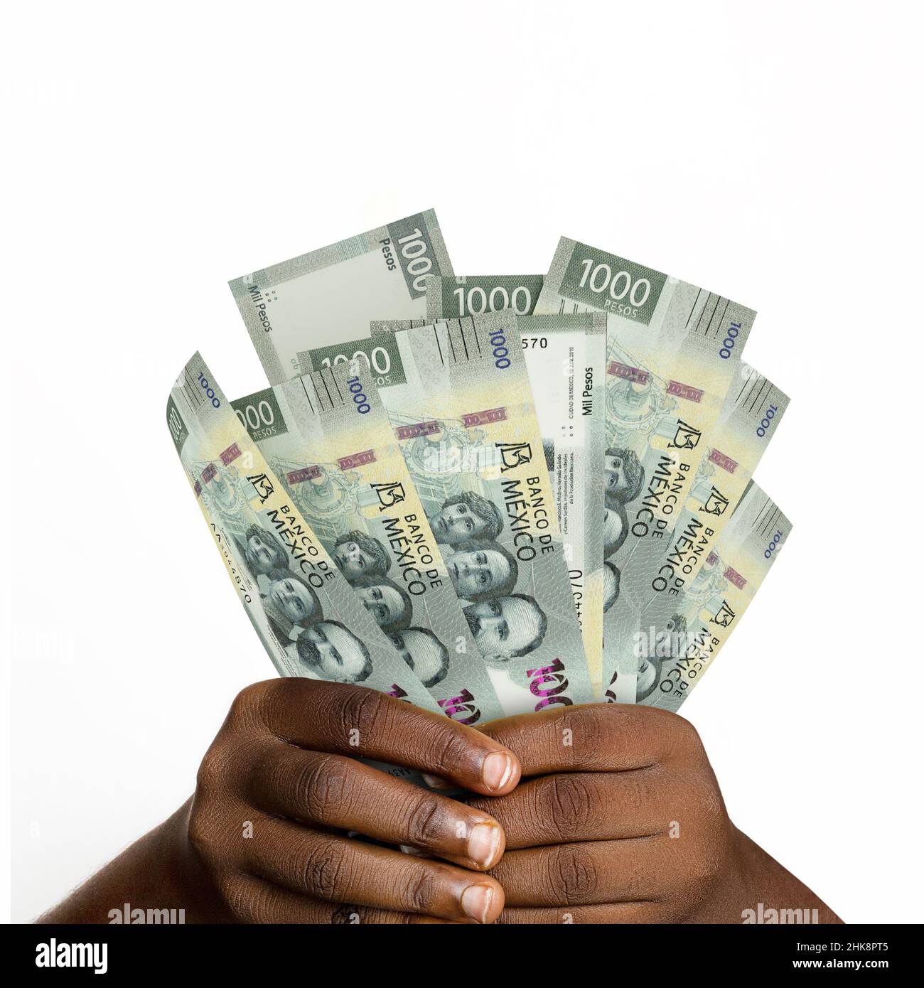 Schwarze Hände mit 3D gerenderten mexikanischen Peso. Nahaufnahme der Hände mit mexikanischen Währungsscheinen Stockfoto