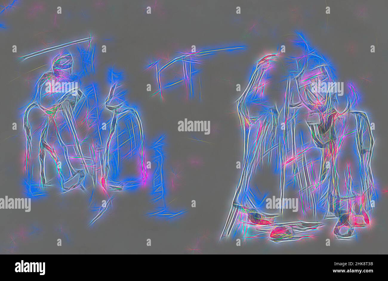 Inspiriert von trinkenden Bauern- und Bauernmädchen mit einer alten Frau, einem Bauern, einer Bäuerin und einem Mädchen mit einer alten Frau, von Artotop neu erfunden. Klassische Kunst neu erfunden mit einem modernen Twist. Design von warmen fröhlichen Leuchten der Helligkeit und Lichtstrahl Strahlkraft. Fotografie inspiriert von Surrealismus und Futurismus, umarmt dynamische Energie der modernen Technologie, Bewegung, Geschwindigkeit und Kultur zu revolutionieren Stockfoto