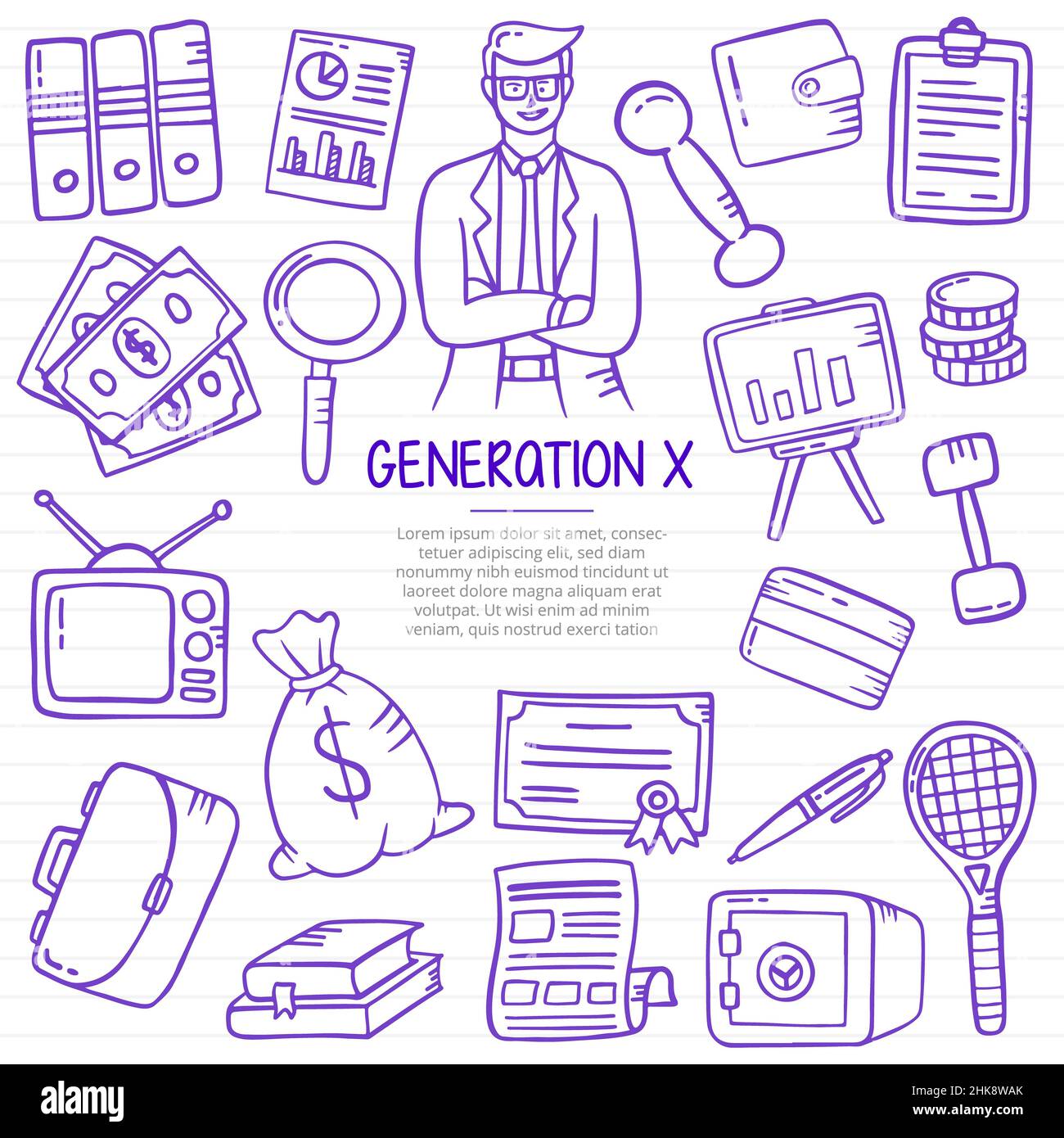 Generation x Business mit Doodle-Stil für Vorlage von Bannern, Flyer, Bücher und Magazin Cover Vektor Illustration Stockfoto