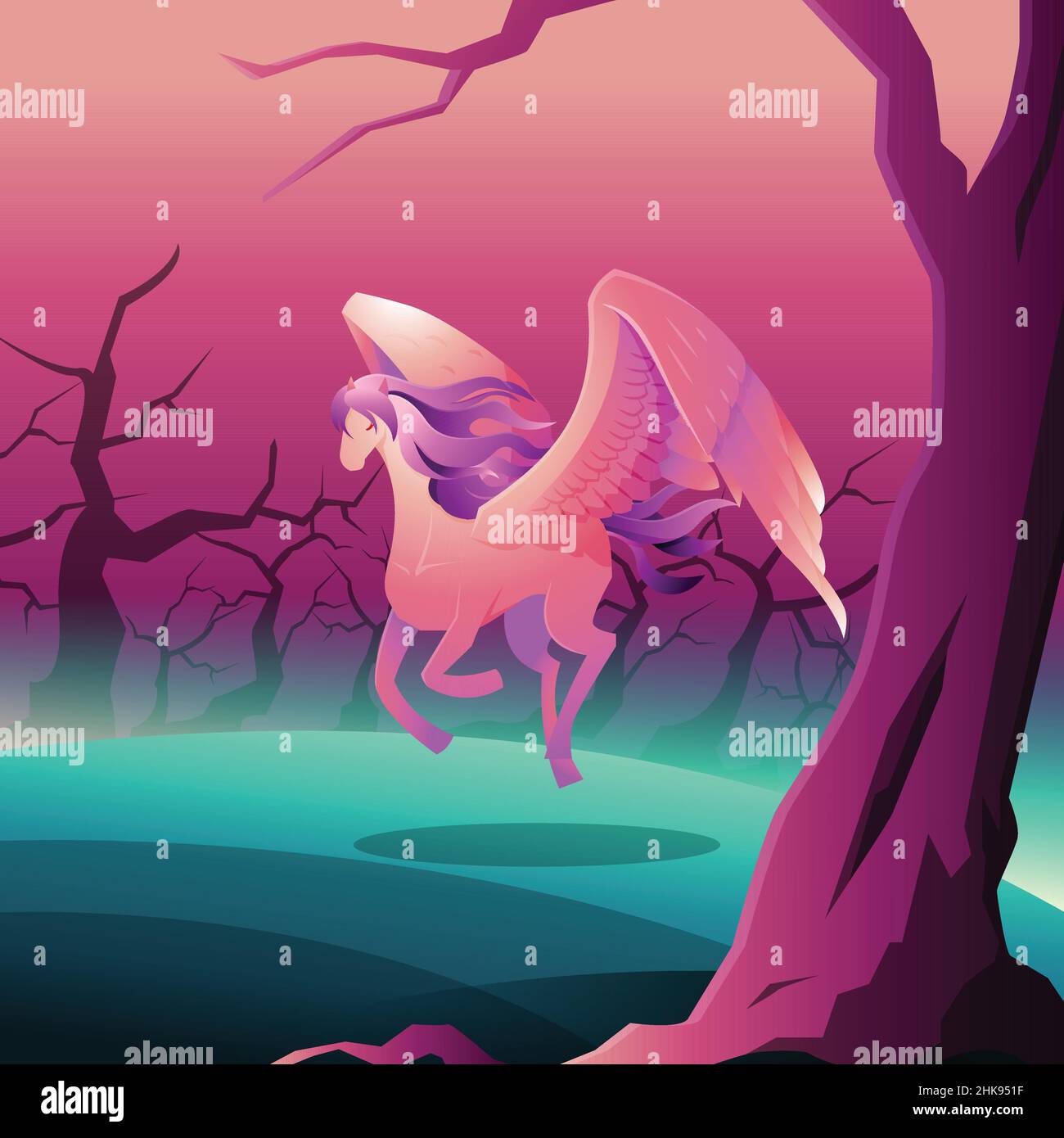 Wunderschöne Pegasus-Fliegen mit Flügeln landen auf Dark Forest Epic Illustration Stock Vektor