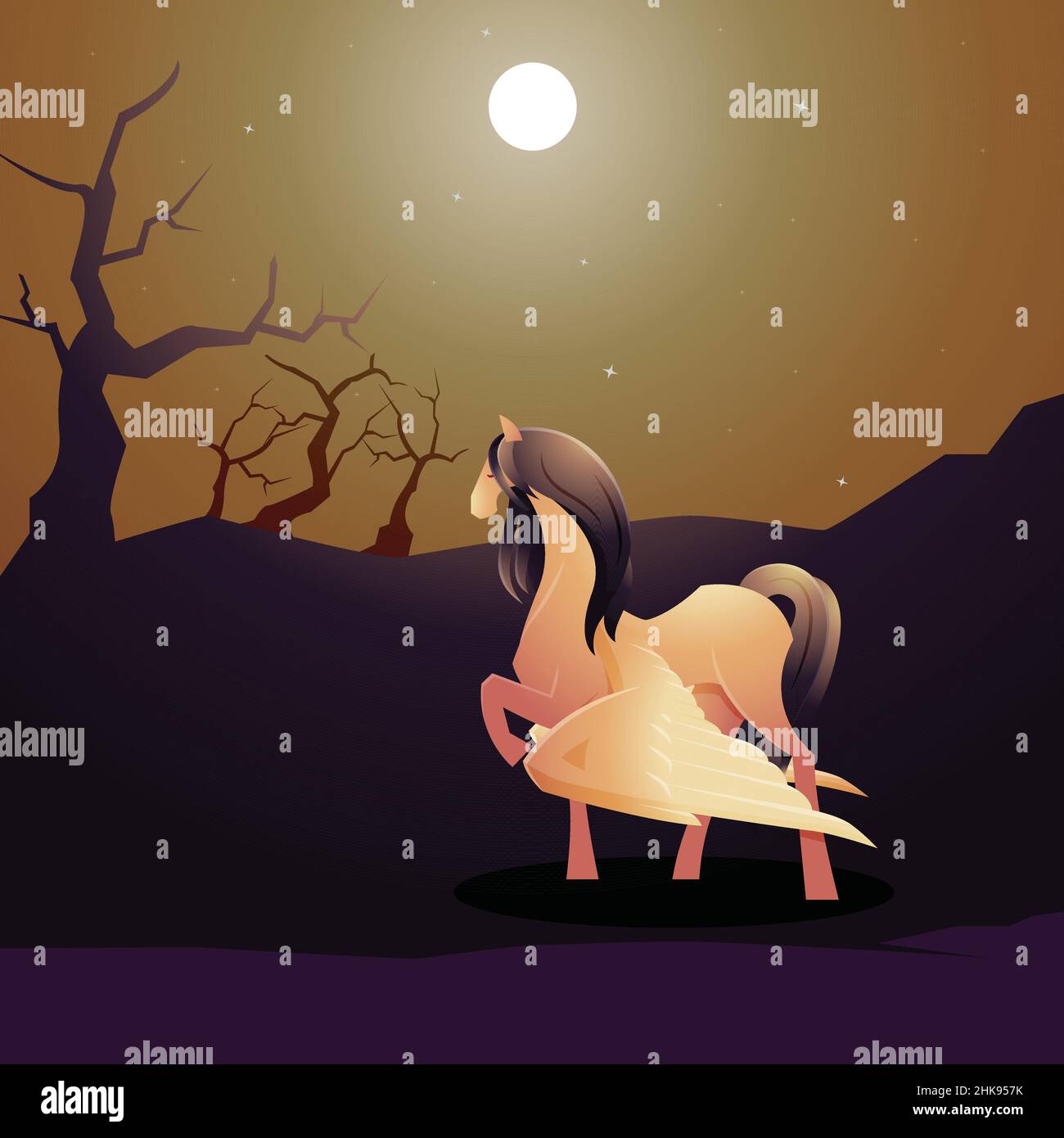 Schöne Pegasus geflügeltes Pferd Spaziergang in der Nacht Wald Mond Epische Illustration Stock Vektor