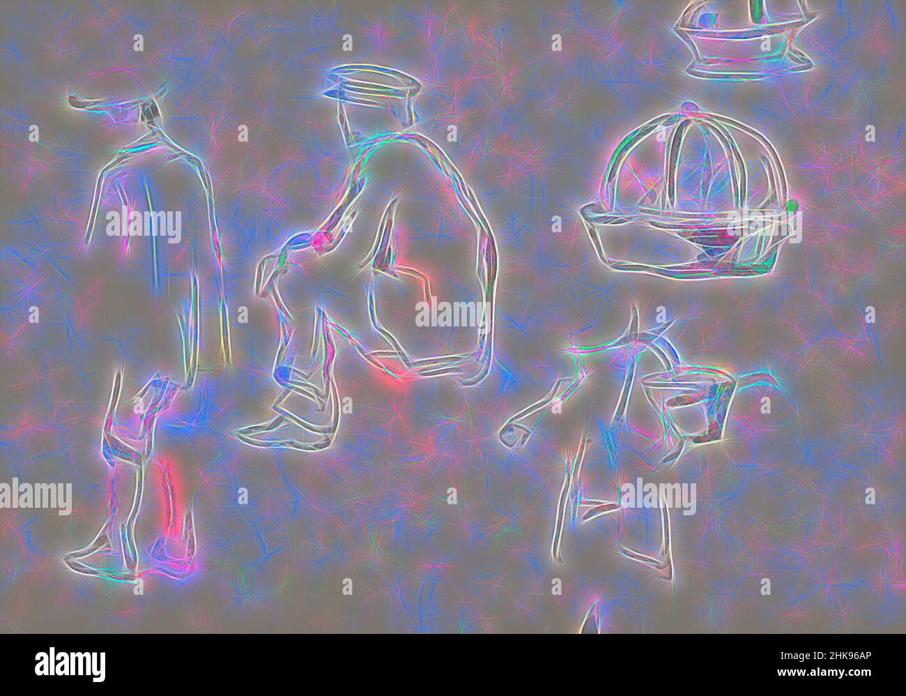 Inspiriert von drei Männern in verschiedenen Posen. Zwei Körbe oben rechts. Zeichnung in der Veluwe und in Norddeutschland, Männer in verschiedenen Posen und Körben. Niederlande, neu gestaltet von Artotop. Klassische Kunst neu erfunden mit einem modernen Twist. Design von warmen fröhlichen Leuchten der Helligkeit und Lichtstrahl Strahlkraft. Fotografie inspiriert von Surrealismus und Futurismus, umarmt dynamische Energie der modernen Technologie, Bewegung, Geschwindigkeit und Kultur zu revolutionieren Stockfoto