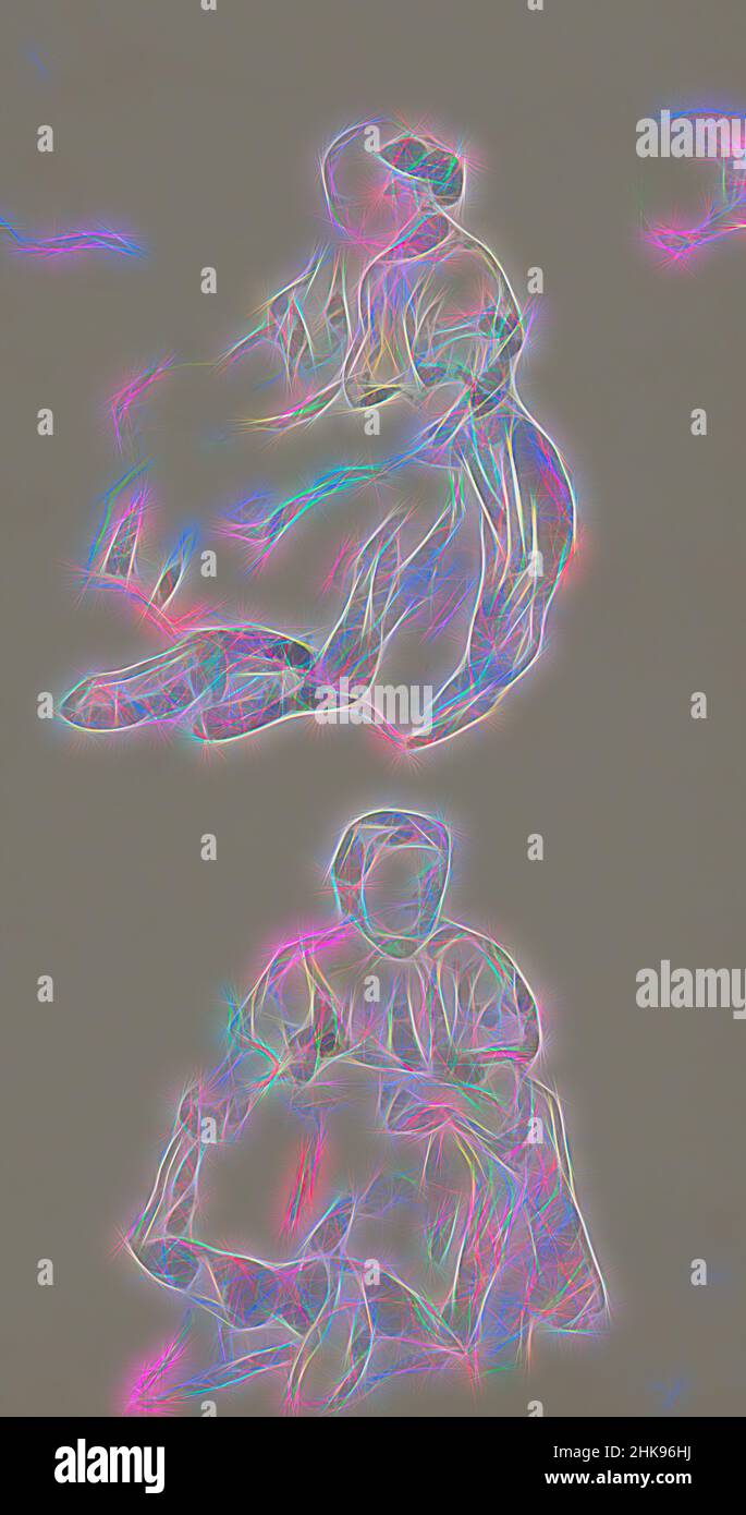 Inspiriert von zwei sitzenden jungen Frauen. Oben links eine Studie eines Armes und oben rechts ein Frauenkopf. Hergestellt in Woerden und Gouda, Studie mit jungen Frauen, neu erfunden von Artotop. Klassische Kunst neu erfunden mit einem modernen Twist. Design von warmen fröhlichen Leuchten der Helligkeit und Lichtstrahl Strahlkraft. Fotografie inspiriert von Surrealismus und Futurismus, umarmt dynamische Energie der modernen Technologie, Bewegung, Geschwindigkeit und Kultur zu revolutionieren Stockfoto