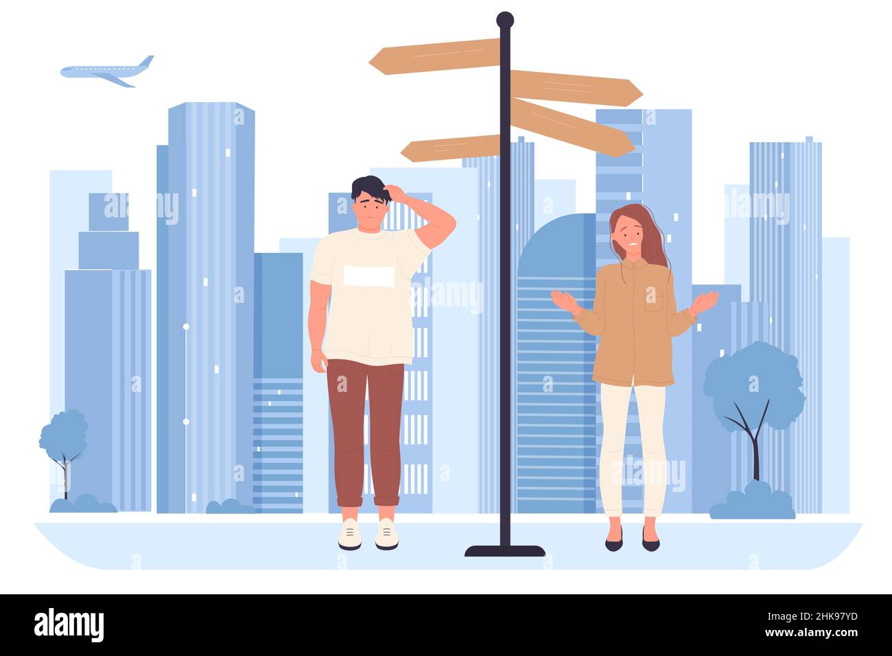 Die Menschen wählen den richtigen Weg, die Richtung in die Zukunft oder die Vektordarstellung für Entscheidungen im Arbeits- oder Privatleben. Cartoon-Mann und -Frau stehen an der Kreuzung in der Nähe von Wegweiskräfern in einer Stadtlandschaft mit Wolkenkratzern Stock Vektor