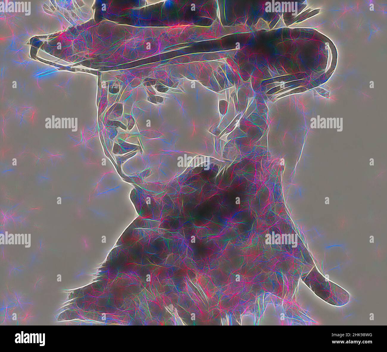 Inspiriert vom Portrait einer unbekannten Frau mit Hut, neu erfunden von Artotop. Klassische Kunst neu erfunden mit einem modernen Twist. Design von warmen fröhlichen Leuchten der Helligkeit und Lichtstrahl Strahlkraft. Fotografie inspiriert von Surrealismus und Futurismus, umarmt dynamische Energie der modernen Technologie, Bewegung, Geschwindigkeit und Kultur zu revolutionieren Stockfoto