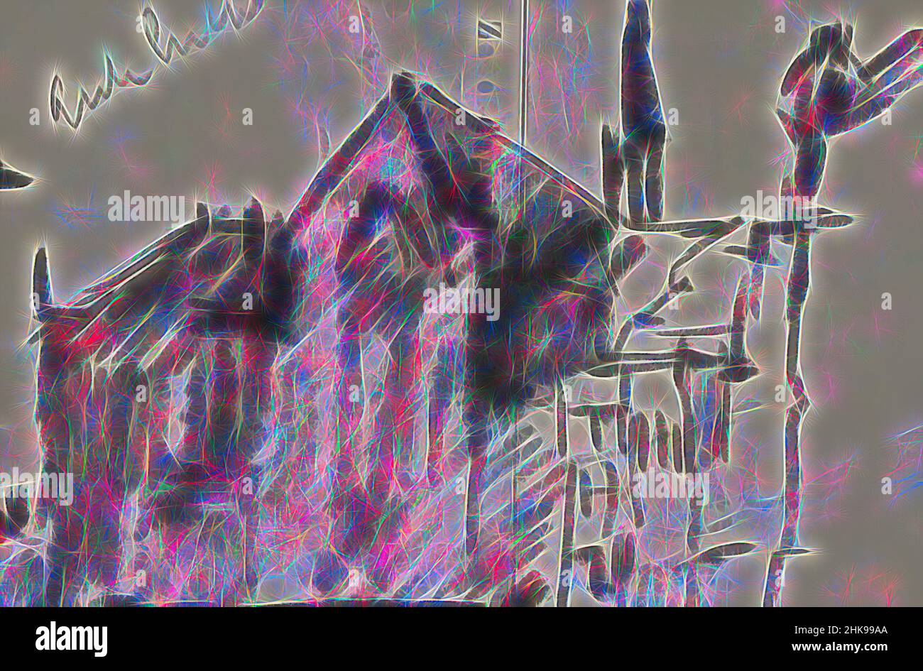 Inspiriert von dem linken Teil des Königspalastes. Vorne eine Figur. Blick auf den Dam-Platz in Amsterdam, Niederlande mit der Nieuwe Kerk, von Artotop neu gestaltet. Klassische Kunst neu erfunden mit einem modernen Twist. Design von warmen fröhlichen Leuchten der Helligkeit und Lichtstrahl Strahlkraft. Fotografie inspiriert von Surrealismus und Futurismus, umarmt dynamische Energie der modernen Technologie, Bewegung, Geschwindigkeit und Kultur zu revolutionieren Stockfoto