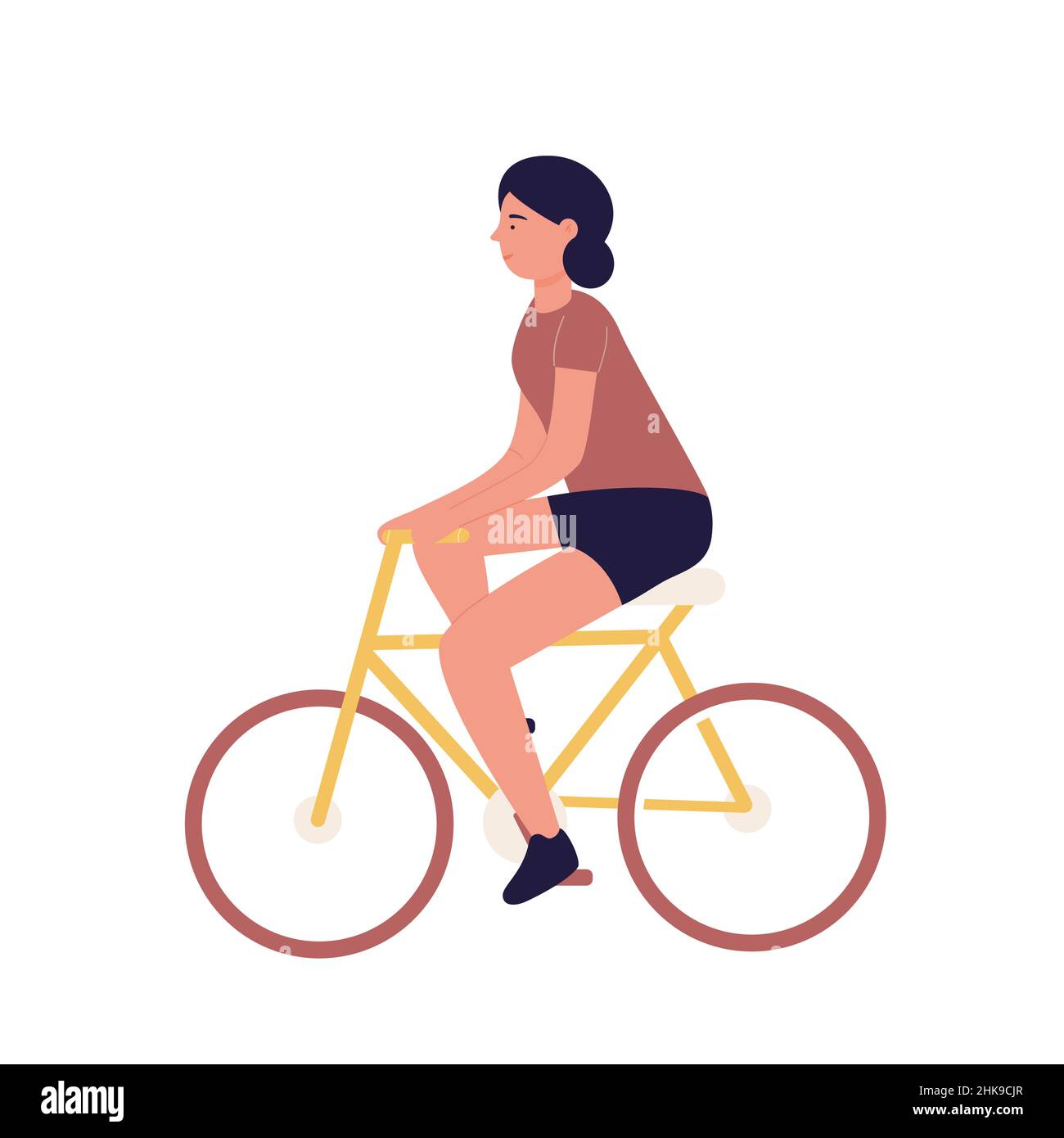 Junge dunkelhaarige Dame, die Fahrrad fährt und Zeit im Freien verbringt. Erholung und gesunde Sportaktivitäten Cartoon-Vektor-Illustration Stock Vektor