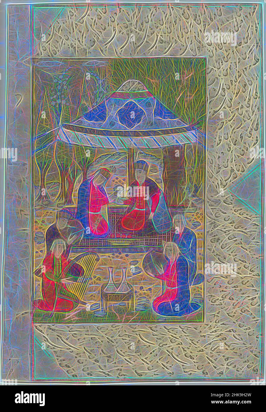 Inspiriert von Mann und Frau unter einem Baldachin in einem Garten, davor vier Musiker, fünf Illustrationen von Kamsa von Nizami mit Text, Zweisamkeit von Khusrau und Shirin, Illustration der Khamsa von Nizama. Ein Monarch und eine Monarchin sitzen unter einem Baldachin. (AK-Titel), Zeichner:, Persia, 1500, Neueinreimagination von Artotop. Klassische Kunst neu erfunden mit einem modernen Twist. Design von warmen fröhlichen Leuchten der Helligkeit und Lichtstrahl Strahlkraft. Fotografie inspiriert von Surrealismus und Futurismus, umarmt dynamische Energie der modernen Technologie, Bewegung, Geschwindigkeit und Kultur zu revolutionieren Stockfoto