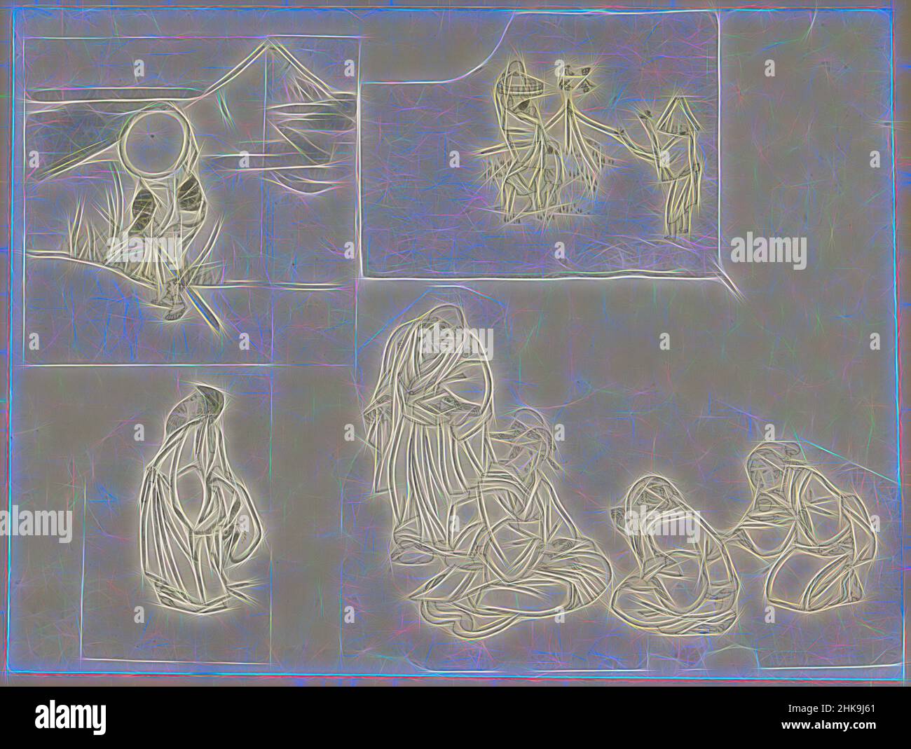 Inspiriert von vier Szenen mit verschiedenen Figuren, Blatt mit vier ausgeschnittenen Szenen mit verschiedenen Figuren, darunter ein Mann, der auf den Berg Fuji blickt, und eine Bauernfamilie auf einem Reisfeld, die die Vögel erschreckt., Zeichner: Katsushika Hokusai, Japan, 1800 - 1900, Papier, Pinsel, Höhe 257 mm × Breite 342 mm, neu gestaltet von Artotop. Klassische Kunst neu erfunden mit einem modernen Twist. Design von warmen fröhlichen Leuchten der Helligkeit und Lichtstrahl Strahlkraft. Fotografie inspiriert von Surrealismus und Futurismus, umarmt dynamische Energie der modernen Technologie, Bewegung, Geschwindigkeit und Kultur zu revolutionieren Stockfoto