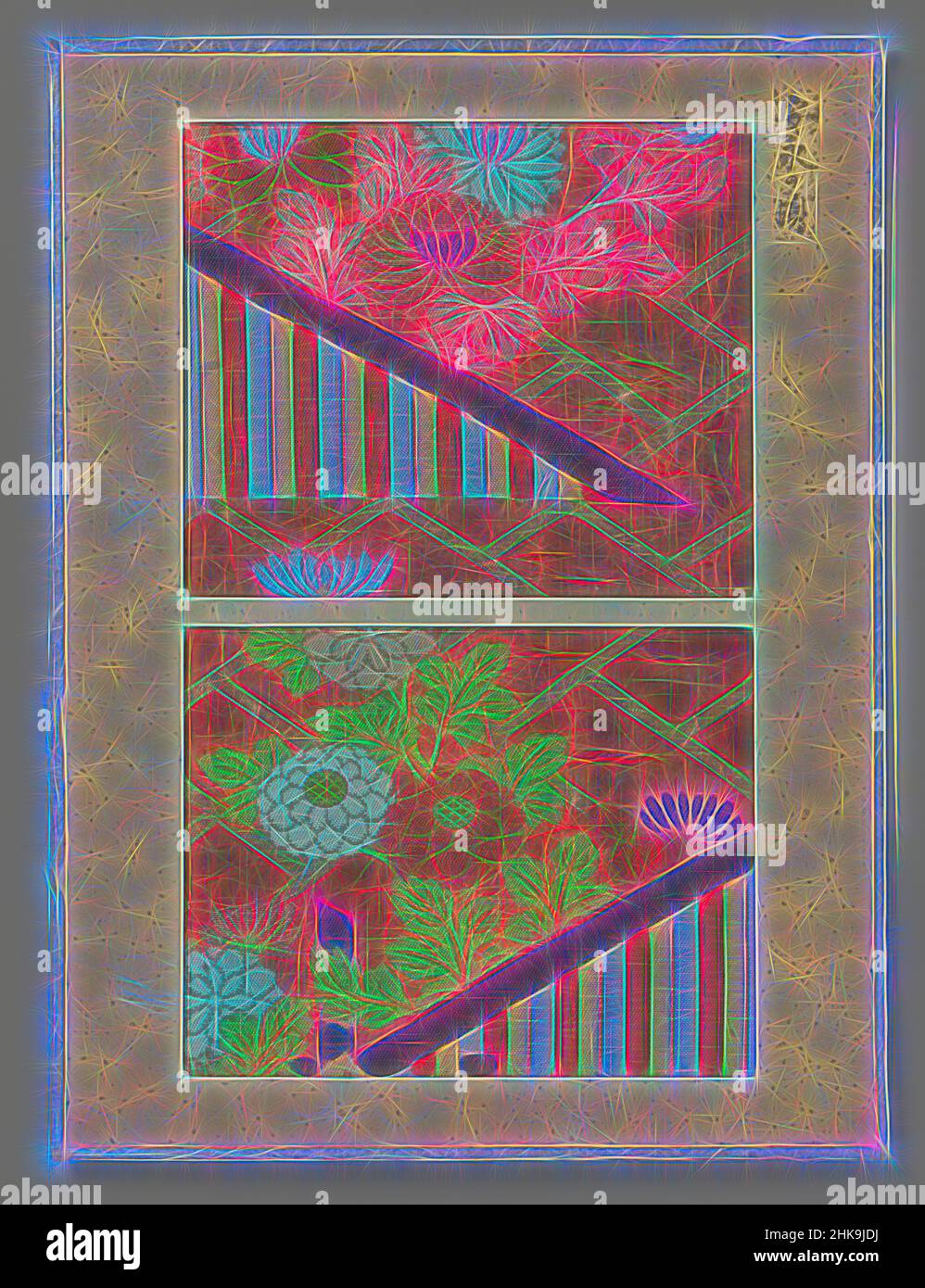 Inspiriert von zwei Fragmenten von Textilien, Textilfragmente, zwei auf einem Blatt, Stickerei auf rotem Fond, Japan, 1772 - 1781, Seide, Höhe 14,5 cm × Breite 17,3 cm × Höhe 13,7 cm × Breite 17,5 cm, neu gestaltet von Artotop. Klassische Kunst neu erfunden mit einem modernen Twist. Design von warmen fröhlichen Leuchten der Helligkeit und Lichtstrahl Strahlkraft. Fotografie inspiriert von Surrealismus und Futurismus, umarmt dynamische Energie der modernen Technologie, Bewegung, Geschwindigkeit und Kultur zu revolutionieren Stockfoto