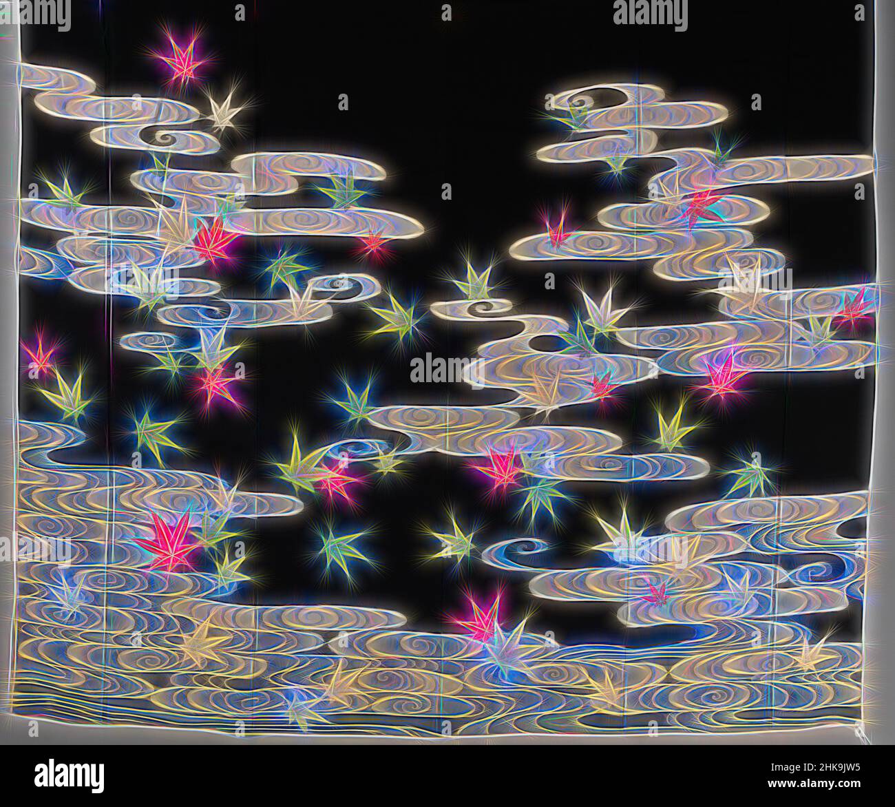 Inspiriert von Dance Kimono für eine Geisha, Susoshiki mit Ahornblättern im Fluss Tatsuta, Dance Kimono für Geisha (Susoshiki), mit einer Dekoration an den Ärmeln und am unteren Rand verstreuter Ahornblätter in stilisierten Wasserfarben, die sich auf den Fluss Tatsuta beziehen, der für diese Herbstszene berühmt ist. Schwarz, neu erfunden von Artotop. Klassische Kunst neu erfunden mit einem modernen Twist. Design von warmen fröhlichen Leuchten der Helligkeit und Lichtstrahl Strahlkraft. Fotografie inspiriert von Surrealismus und Futurismus, umarmt dynamische Energie der modernen Technologie, Bewegung, Geschwindigkeit und Kultur zu revolutionieren Stockfoto