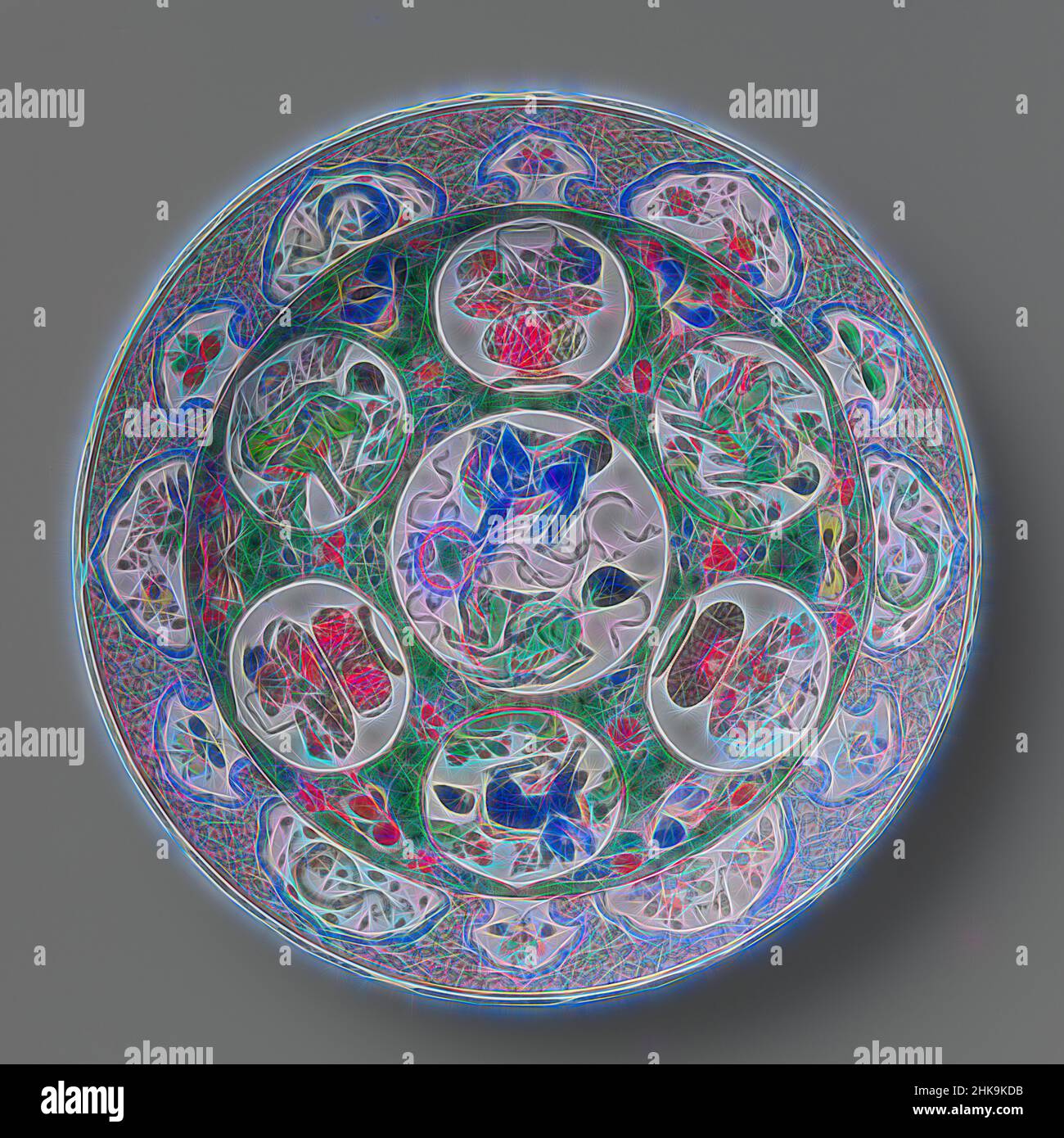 Inspiriert von Schale mit (mythologischen) Tieren, Blumenkörben und blühenden Pflanzen, Schale aus Porzellan, auf die Glasur in blau, rot, grün, gelb, Auberginen gemalt, Schwarz und Gold. Der Teller ist mit Blumenzweigen und Schmetterlingen vor einem schwarz gepunkteten grünen Hintergrund bedeckt. Darin ein Medaillon mit, neu erfunden von Artotop. Klassische Kunst neu erfunden mit einem modernen Twist. Design von warmen fröhlichen Leuchten der Helligkeit und Lichtstrahl Strahlkraft. Fotografie inspiriert von Surrealismus und Futurismus, umarmt dynamische Energie der modernen Technologie, Bewegung, Geschwindigkeit und Kultur zu revolutionieren Stockfoto