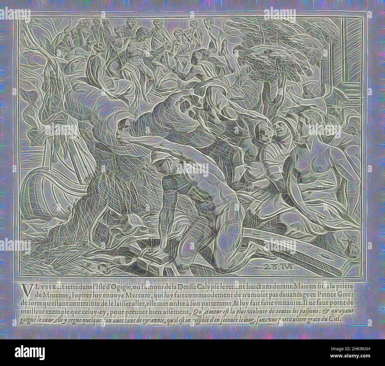 Inspiriert von Odysseus und Kalypso, Les Travaux d'Ulysse, die Werke des Odysseus, links im Hintergrund gelingt es Odysseus, sich vor dem Seeungeheuer Charybdis zu retten, indem er sich an einen Feigenbaum klammert. Auf der rechten Seite wird Odysseus von Kalypso empfangen. Mercury steigt von Olympus herab, um Calypso to, Reimagined by Artotop anzufordern. Klassische Kunst neu erfunden mit einem modernen Twist. Design von warmen fröhlichen Leuchten der Helligkeit und Lichtstrahl Strahlkraft. Fotografie inspiriert von Surrealismus und Futurismus, umarmt dynamische Energie der modernen Technologie, Bewegung, Geschwindigkeit und Kultur zu revolutionieren Stockfoto