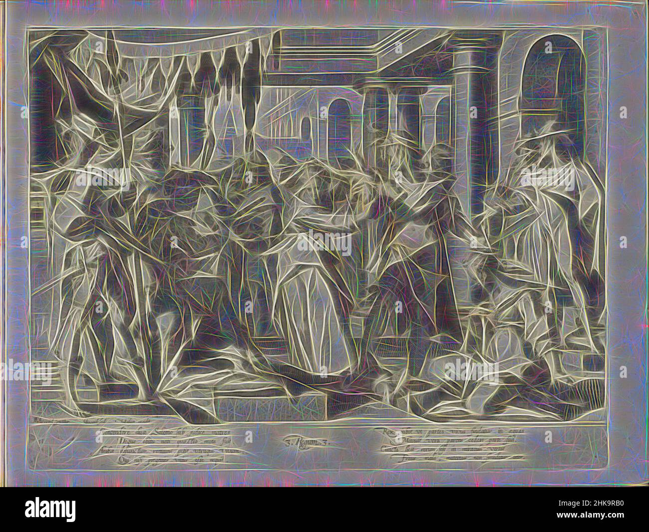 König Solomon sitzt auf seinem Thron und urteilt, inspiriert durch das Urteil Salomos, Thronus Justitiae duodecim pulcherrimis tabulis artificiosime aeri incisis illuatus. Vor dem Thron die beiden Frauen, die beide die Mutterschaft des lebenden Kindes beanspruchen. Auf dem Boden liegt das verstorbene Kind, von Artotop neu erfunden. Klassische Kunst neu erfunden mit einem modernen Twist. Design von warmen fröhlichen Leuchten der Helligkeit und Lichtstrahl Strahlkraft. Fotografie inspiriert von Surrealismus und Futurismus, umarmt dynamische Energie der modernen Technologie, Bewegung, Geschwindigkeit und Kultur zu revolutionieren Stockfoto