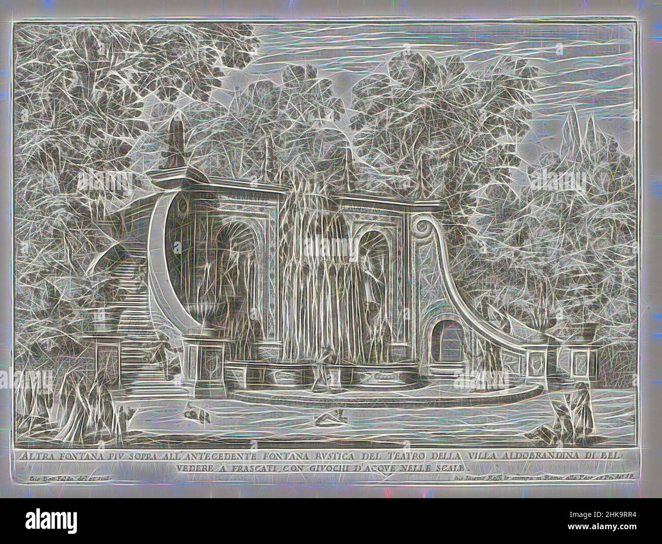 Inspiriert von Brunnen in den Gärten der Villa Aldobrandini in Frascati, Altra fontana piu sopra all'antecedente fontana rustica (...), Fontane delle ville di Frascati, Brunnen von Frascati, ist der Druck Teil eines Albums., Druckerei: Giovanni Battista Falda, Giovanni Battista Falda, Druckerei, neu erfunden von Artotop. Klassische Kunst neu erfunden mit einem modernen Twist. Design von warmen fröhlichen Leuchten der Helligkeit und Lichtstrahl Strahlkraft. Fotografie inspiriert von Surrealismus und Futurismus, umarmt dynamische Energie der modernen Technologie, Bewegung, Geschwindigkeit und Kultur zu revolutionieren Stockfoto