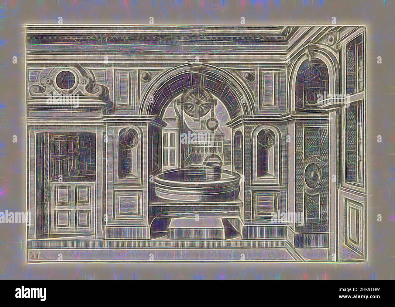 Inspiriert von Wasserbrunnen in gewölbter Öffnung in einer Wand, Brunnen, Runde Brunnen in der Trennwand zwischen einem Hof und einem Platz gebaut. Der Druck ist Teil eines Albums., Druckerei: Johannes von Lucas van Doetechum, Hans Vredeman de Vries, Antwerpen, c. 1574, Papier, Radierung, Höhe 138 mm × Breite 199 mm, neu gestaltet von Artotop. Klassische Kunst neu erfunden mit einem modernen Twist. Design von warmen fröhlichen Leuchten der Helligkeit und Lichtstrahl Strahlkraft. Fotografie inspiriert von Surrealismus und Futurismus, umarmt dynamische Energie der modernen Technologie, Bewegung, Geschwindigkeit und Kultur zu revolutionieren Stockfoto