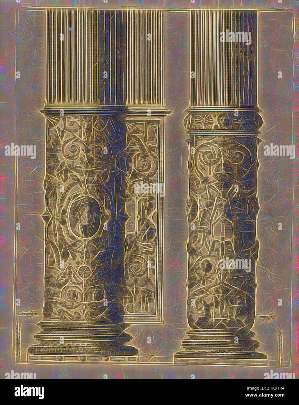 Inspiriert von zwei 'columnae caelatae', in der korinthischen und Composite Order, das ander Buech gemacht auff die zway Colonnen, Corinthia und composita, zwei 'columnae caelatae in der korinthischen und Composite Order, verziert mit Grotesken, Girlanden und grünen Reben. Auf der linken Säule befindet sich ein Oval, das von Artotop neu erfunden wurde. Klassische Kunst neu erfunden mit einem modernen Twist. Design von warmen fröhlichen Leuchten der Helligkeit und Lichtstrahl Strahlkraft. Fotografie inspiriert von Surrealismus und Futurismus, umarmt dynamische Energie der modernen Technologie, Bewegung, Geschwindigkeit und Kultur zu revolutionieren Stockfoto