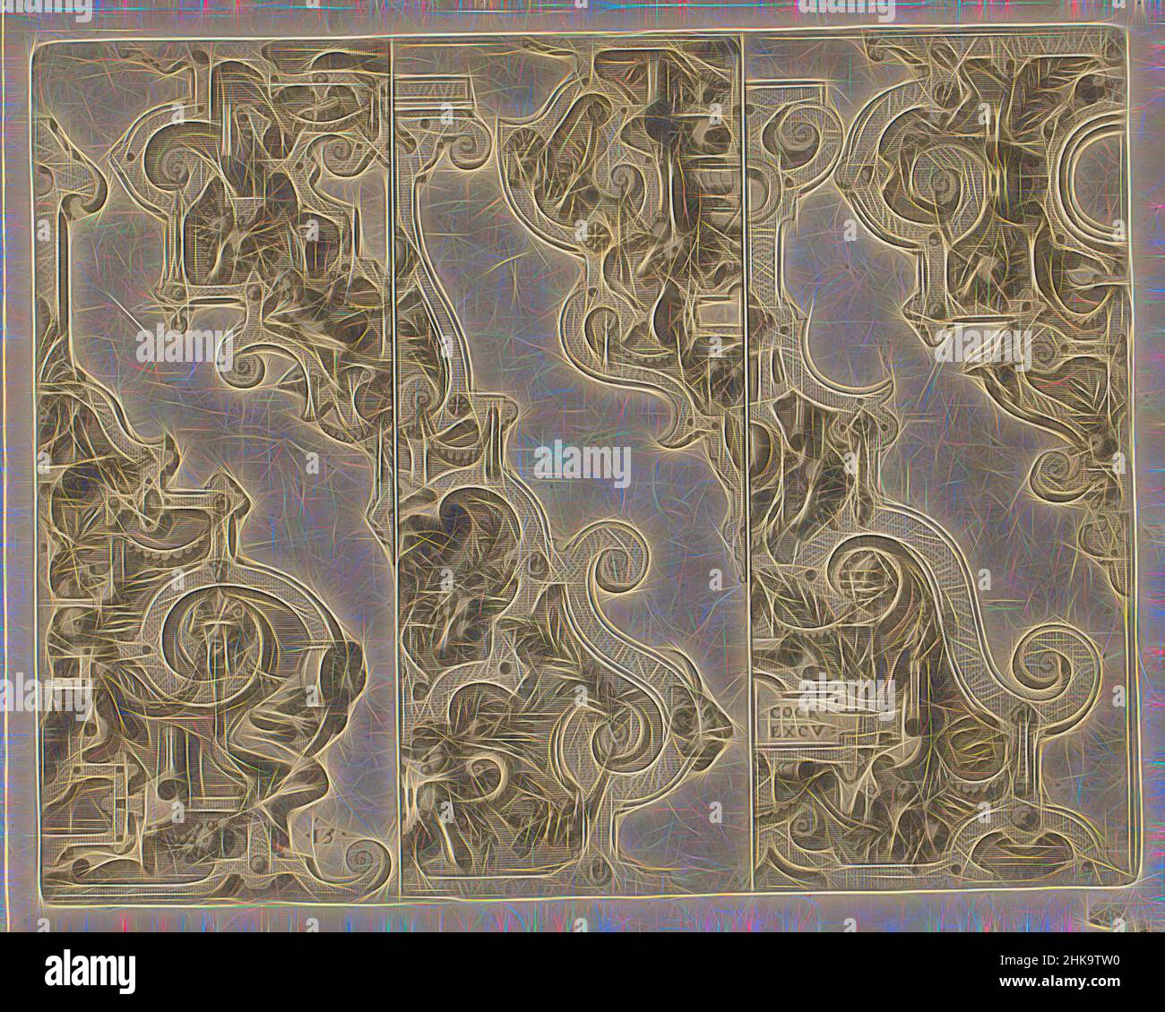 Inspiriert von drei Krallenstücken und drei Brunnenfüllungen, das ander Buech gemacht auff die zway Colonnen, Corinthia und composita, drei Segmenten mit drei Halb-Krallen-Stücken und drei Halb-Brunnenfüllungen, verziert mit Hardware, Grotesken und Girlanden. Der Druck ist Teil eines Albums., Druckerei: Johannes, Reimagined by Artotop. Klassische Kunst neu erfunden mit einem modernen Twist. Design von warmen fröhlichen Leuchten der Helligkeit und Lichtstrahl Strahlkraft. Fotografie inspiriert von Surrealismus und Futurismus, umarmt dynamische Energie der modernen Technologie, Bewegung, Geschwindigkeit und Kultur zu revolutionieren Stockfoto