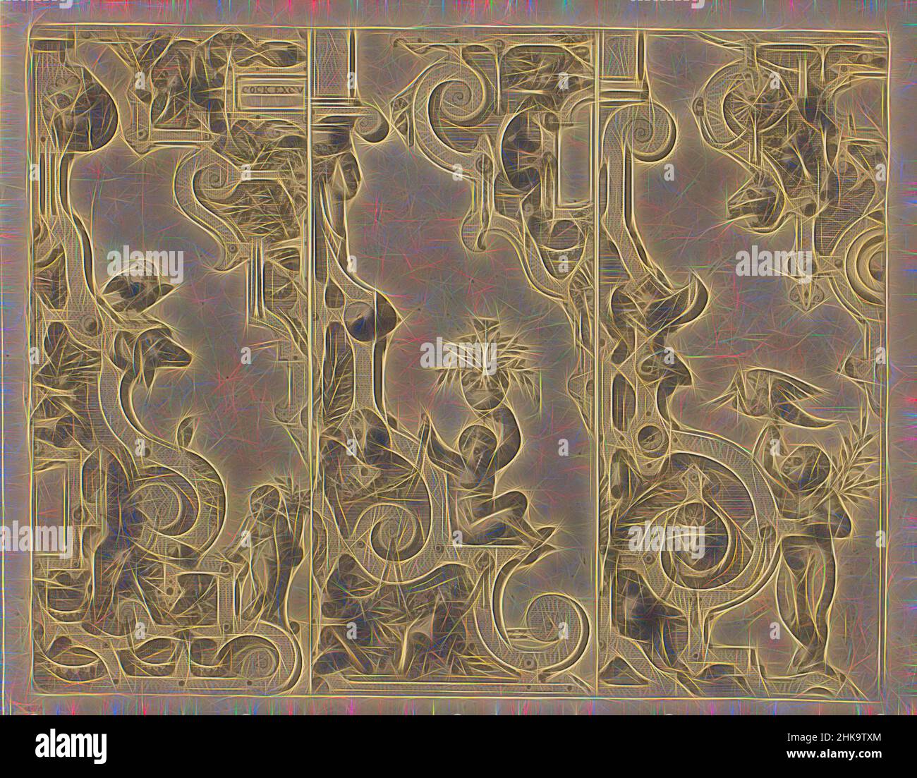 Inspiriert von drei Krallenstücken und drei Swags, das ander Buech gemacht auff die zway Colonnen, Corinthia und composita, drei Segmenten mit insgesamt drei Halb-Klauen- und drei Halb-Swags, verziert mit Kartuschen, Hardware, Grotesken und Girlanden. Auf jedem Krallenstück ein Kind. Der Druck ist Teil eines, Reimagined by Artotop. Klassische Kunst neu erfunden mit einem modernen Twist. Design von warmen fröhlichen Leuchten der Helligkeit und Lichtstrahl Strahlkraft. Fotografie inspiriert von Surrealismus und Futurismus, umarmt dynamische Energie der modernen Technologie, Bewegung, Geschwindigkeit und Kultur zu revolutionieren Stockfoto