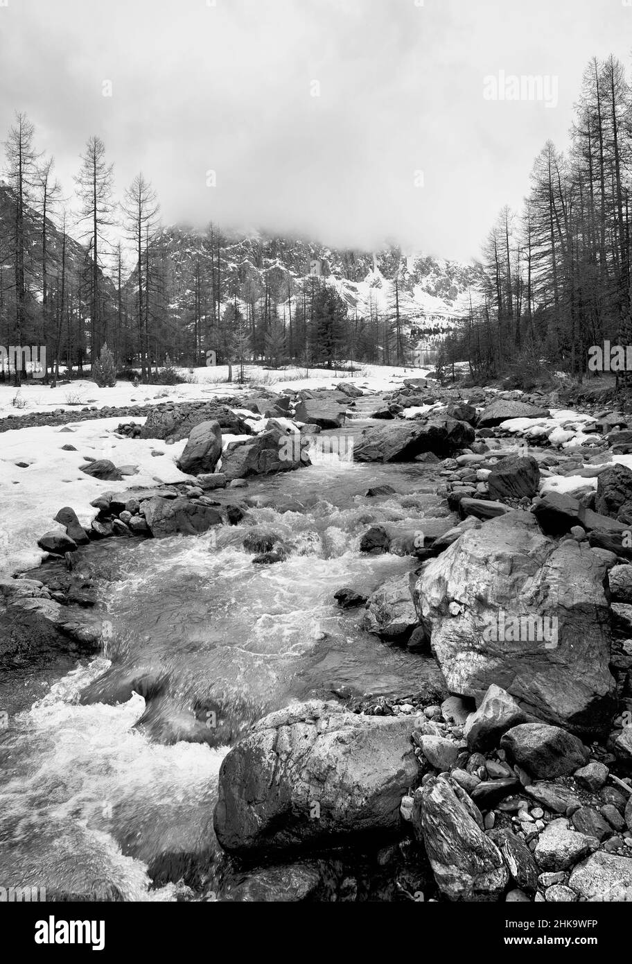 Aktru-Tal im Altai-Gebirge. Gebirgsfluss zwischen den Felsen auf dem Hintergrund der Berge, ertrinken in den Wolken. Reine Natur Sibiriens Stockfoto