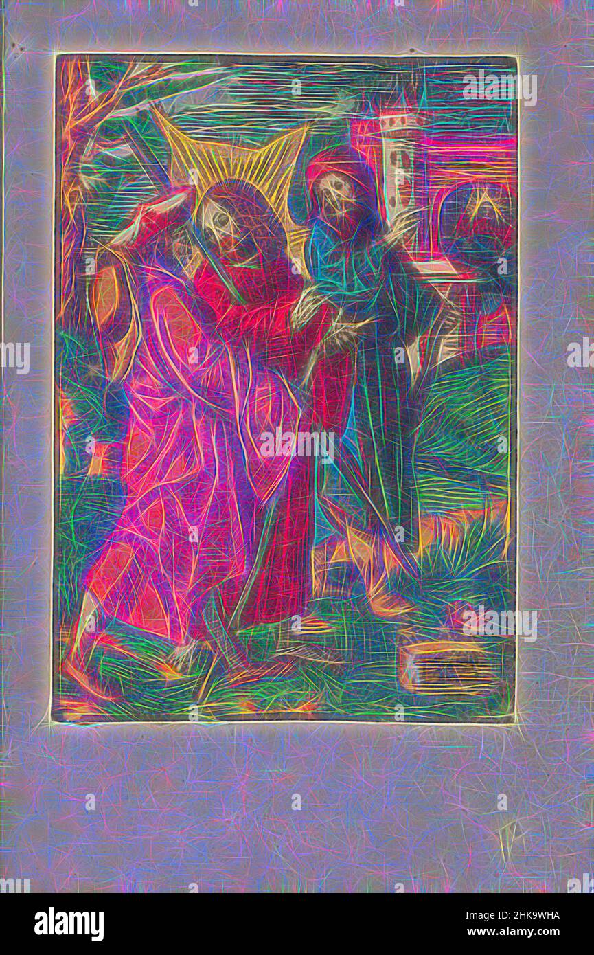 Inspiriert von Emmaus-Pilgern, der kleinen Passion, der dummen Passion, trifft der auferstandene Christus zwei Jünger und geht mit ihnen ins Dorf Emmaus. Sie erkennen Christus nicht. Einer der Männer weist auf das Dorf Emmaus hin. Print ist Teil eines Buches., Druckerei: Jacob Cornelisz van Oostsanen, Reimagined by Artotop. Klassische Kunst neu erfunden mit einem modernen Twist. Design von warmen fröhlichen Leuchten der Helligkeit und Lichtstrahl Strahlkraft. Fotografie inspiriert von Surrealismus und Futurismus, umarmt dynamische Energie der modernen Technologie, Bewegung, Geschwindigkeit und Kultur zu revolutionieren Stockfoto
