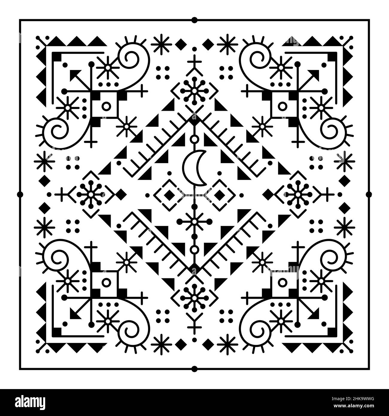 Isländisches Tribal- oder Neotribal-Linienkunst-Vektor-quadratisches Muster mit Mond, geometrischem Grußkartendesign, inspiriert von der alten nordischen Wikinger-Runenkunst Stock Vektor