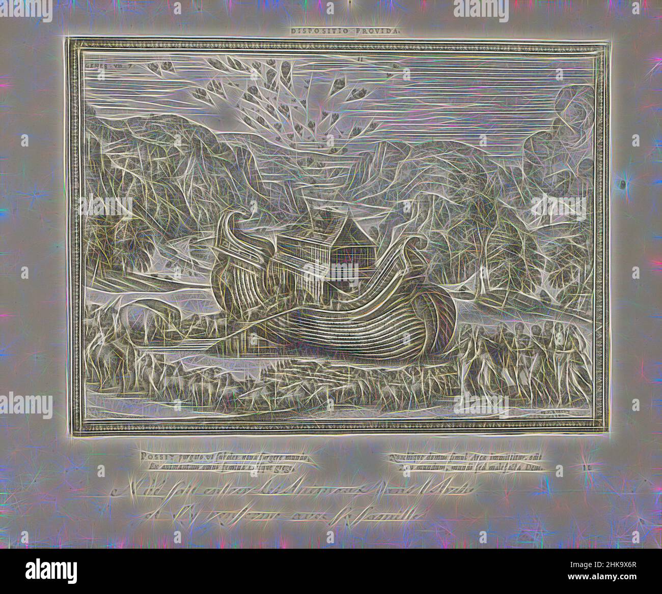 Inspiriert von Noah, der die Arche mit seiner Familie und den Tieren Dispositio provida, Emblemata Sacra è praecipuis utriusque testamenti historiis concinnata (Altes Testament), Imagines et figurae bibliorum begibt Sich Eine Prozession von Tieren in die Arche. Über der Arche ein Vogelschwarm. Auf der rechten Seite ist Noah mit, neu erfunden von Artotop. Klassische Kunst neu erfunden mit einem modernen Twist. Design von warmen fröhlichen Leuchten der Helligkeit und Lichtstrahl Strahlkraft. Fotografie inspiriert von Surrealismus und Futurismus, umarmt dynamische Energie der modernen Technologie, Bewegung, Geschwindigkeit und Kultur zu revolutionieren Stockfoto