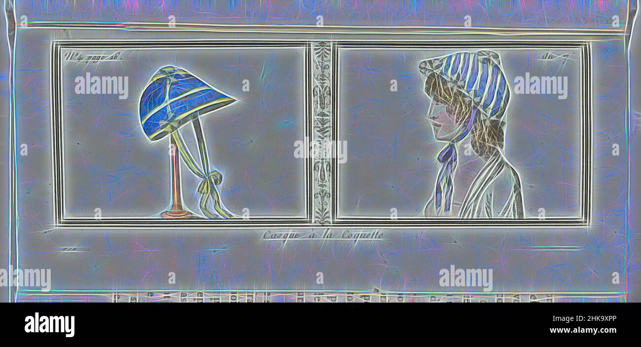 Inspiriert von Le Mois, Journal historique, littéraire et critique, avec figures, Tome 2, Nr. 4 Seite 16, an. 7 (1798-1799): Casque à la Coquette, links: Eine 'Casque a la Coquette' auf einem Hutständer. Rechts: Der Kopf einer Frau mit gestreiftem Hut. Druck aus der Zeitschrift Le Mois : Journal historique, littéraire et, Reimagined by Artotop. Klassische Kunst neu erfunden mit einem modernen Twist. Design von warmen fröhlichen Leuchten der Helligkeit und Lichtstrahl Strahlkraft. Fotografie inspiriert von Surrealismus und Futurismus, umarmt dynamische Energie der modernen Technologie, Bewegung, Geschwindigkeit und Kultur zu revolutionieren Stockfoto