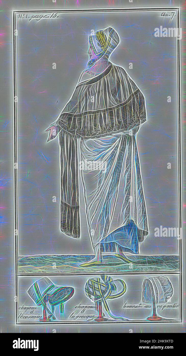 Inspiriert von Le Mois, Journal historique, littéraire et critique, avec figures, Tome 1, Nr. 1, Seite 15, an. 7 (1799): Chapeau à l'écossaise..., Frau, von hinten gesehen, trägt auf ihrem Kopf einen weißen Strohhut, der mit Bändern verziert ist. Sie trägt ein langärmeliges weißes Kleid auf einem blauen Unterrock. Rund um die, von Artotop neu erfunden. Klassische Kunst neu erfunden mit einem modernen Twist. Design von warmen fröhlichen Leuchten der Helligkeit und Lichtstrahl Strahlkraft. Fotografie inspiriert von Surrealismus und Futurismus, umarmt dynamische Energie der modernen Technologie, Bewegung, Geschwindigkeit und Kultur zu revolutionieren Stockfoto